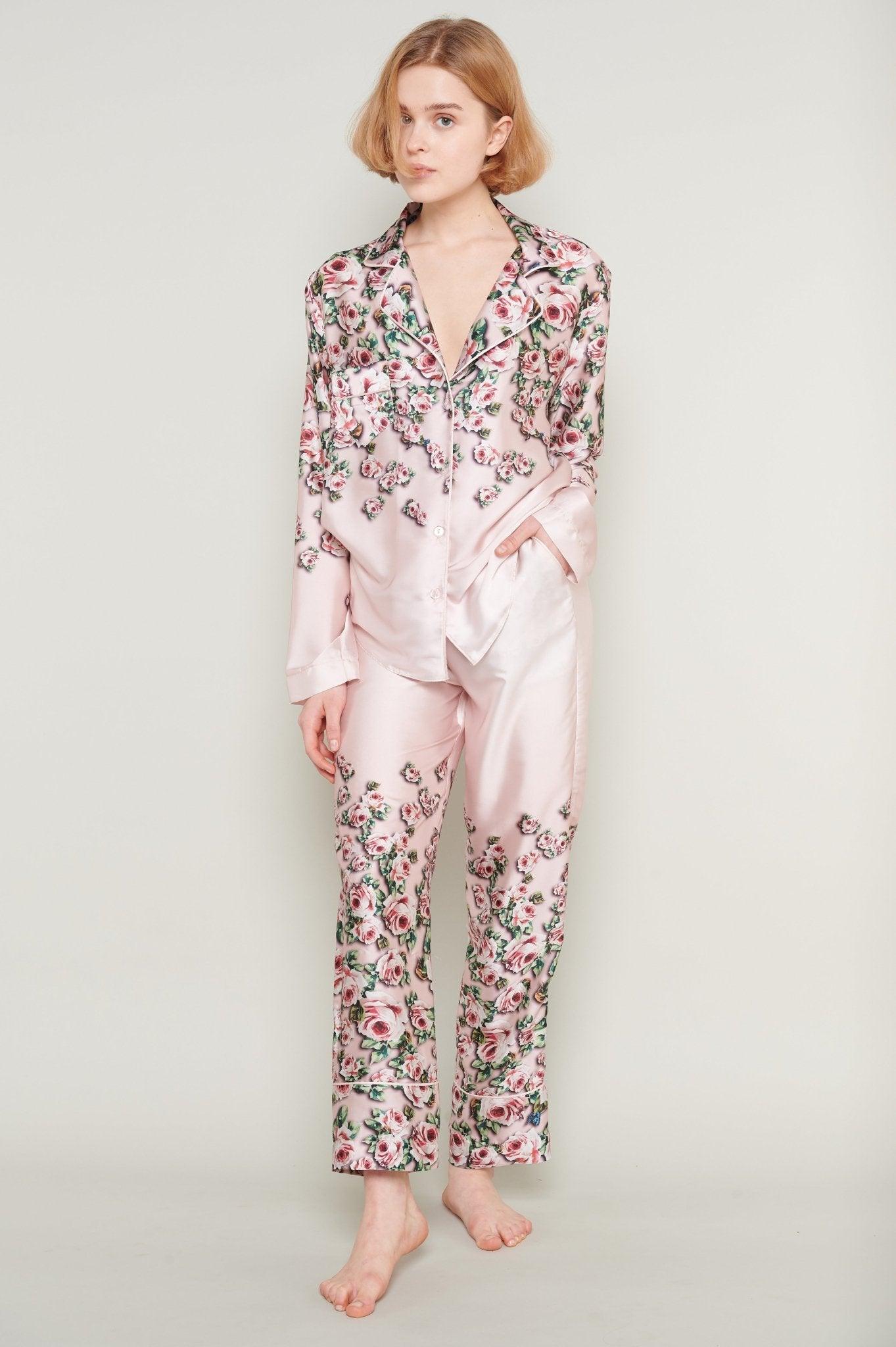 Brielle - Dusty Pink Rose and Butterfly Luxury Satin Pajama Set - NOWIHT - Pajama Set