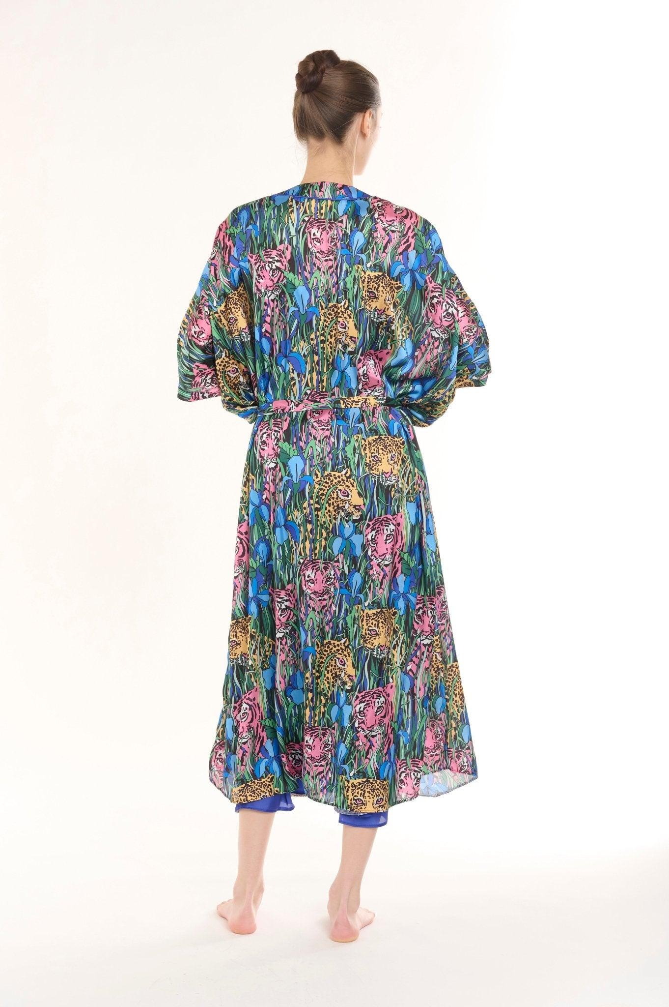 Celina - Teal Leopard Satin Robe & Nightgown Set - NOWIHT - Pajamas