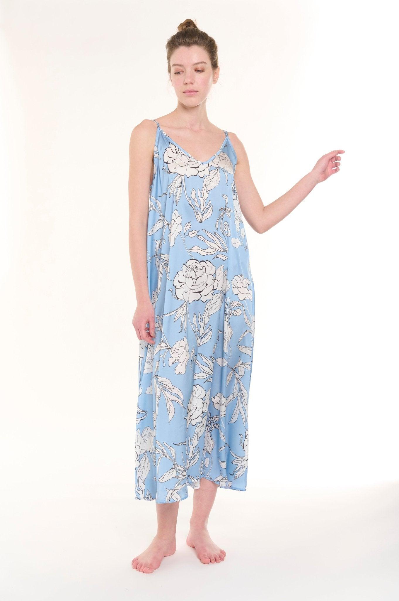 Eloise - Floral Fantasia Long Satin Nightgown with Delicate Spaghetti Straps - NOWIHT - Nightgowns