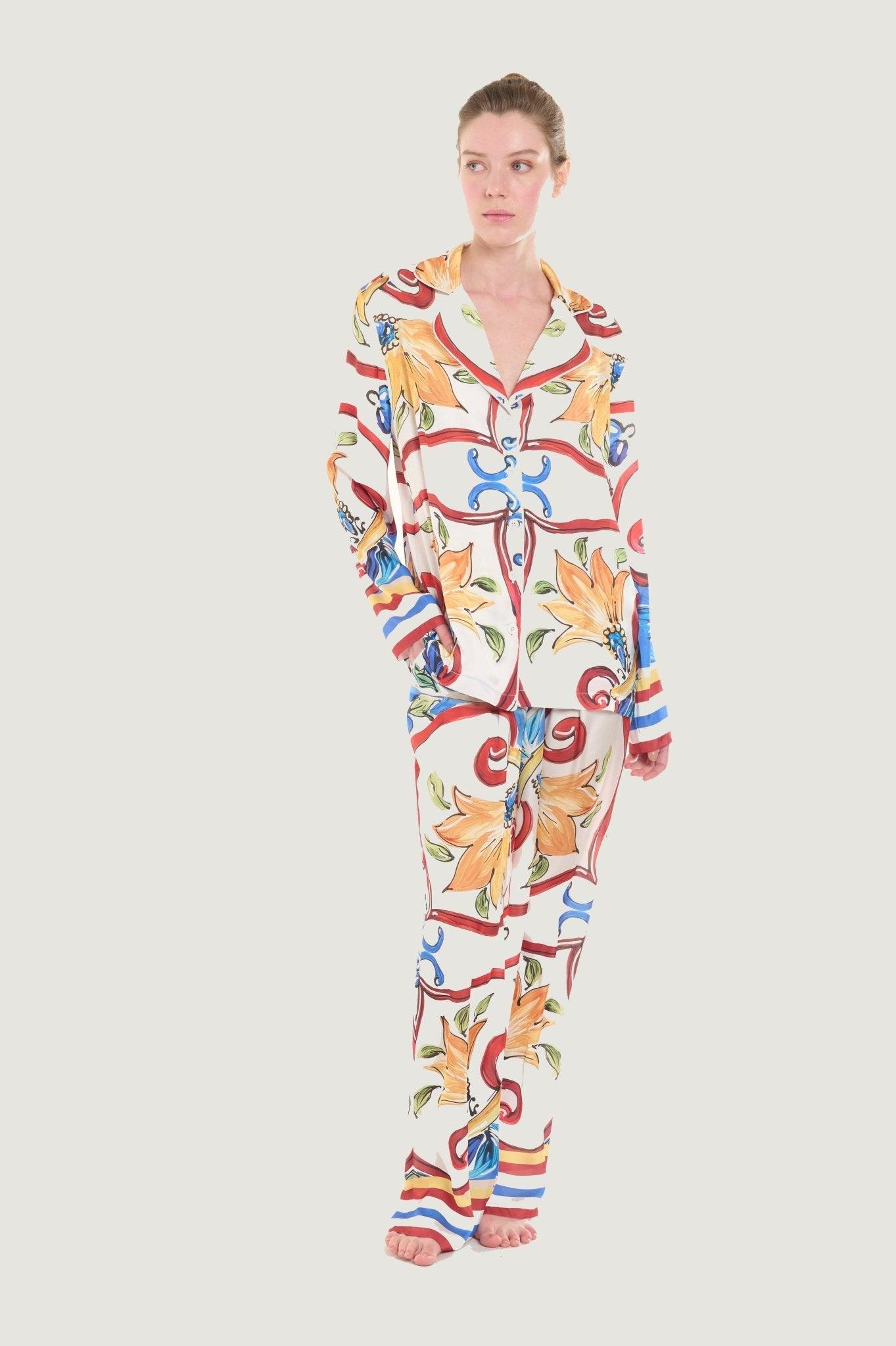 Florence - Artistic Ivory Floral Satin Pajama Set - NOWIHT - Pajama Set