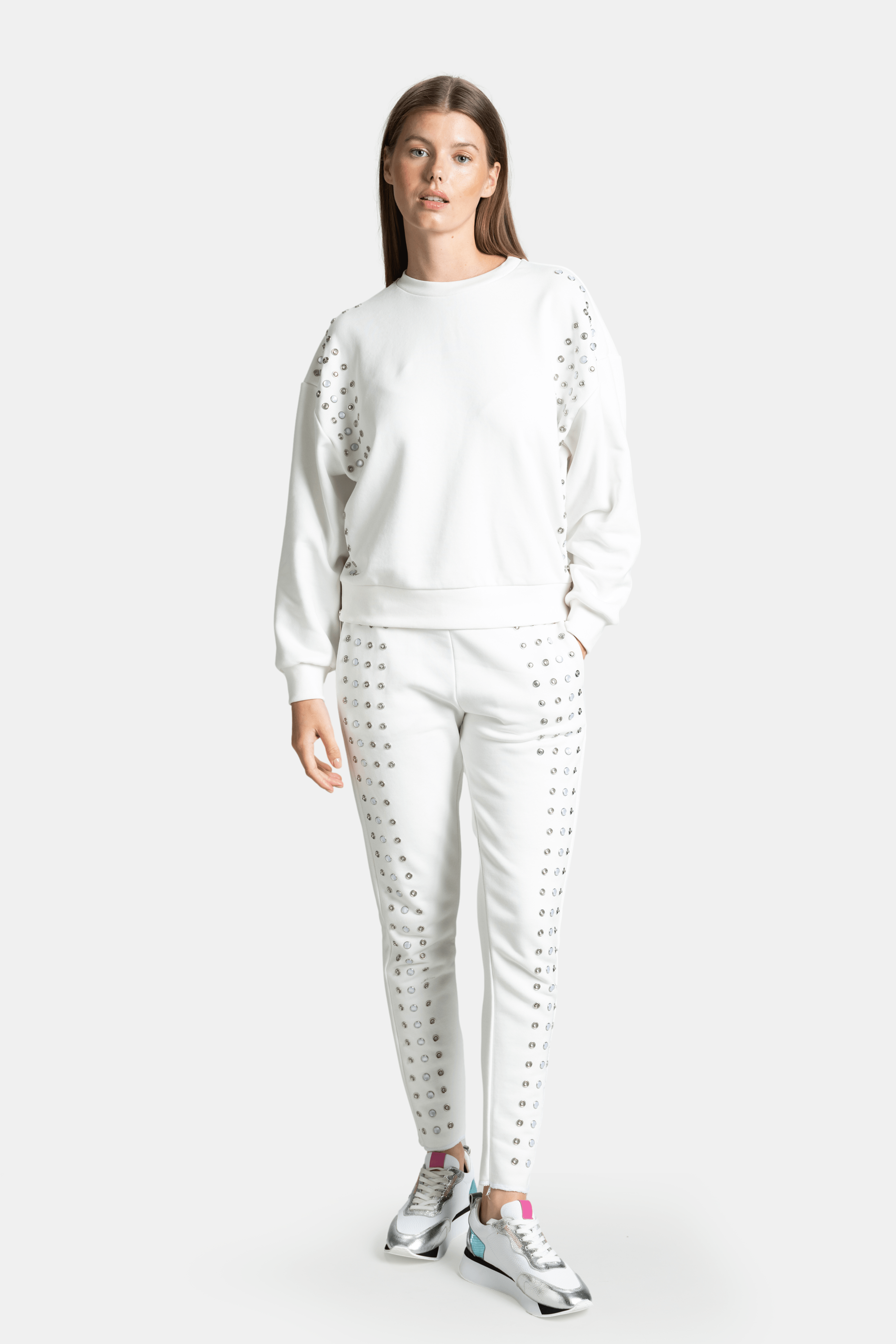 Amaya - Studded Tracksuit Set in Ecru, front view showing full outfit with silver stud details.