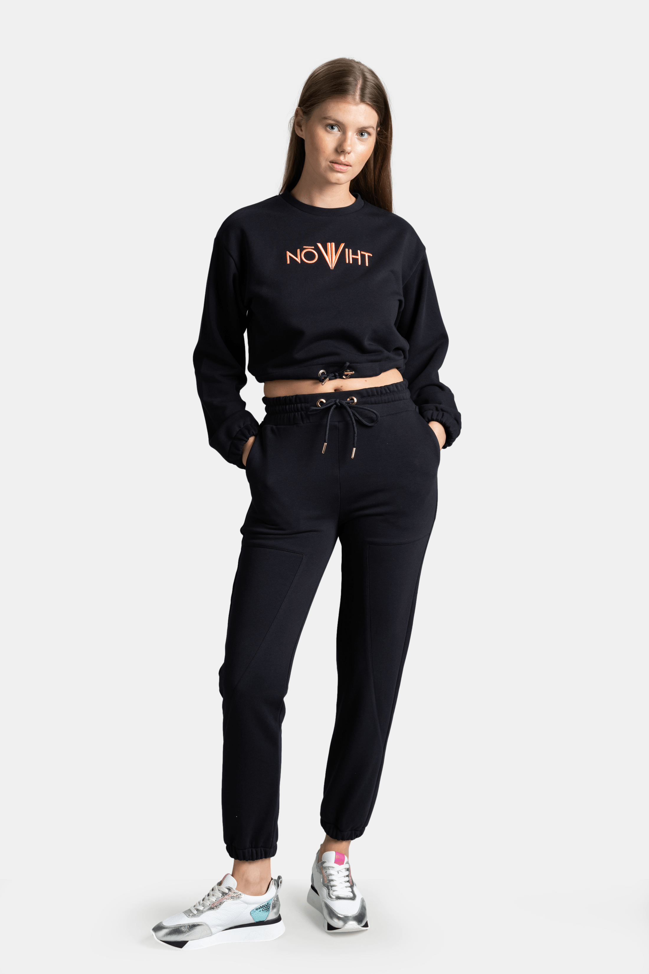 Almila - Modern Crop Tracksuit Set in Navy - front view showcasing the stylish NOWIHT logo on the cropped sweatshirt and drawstring joggers.