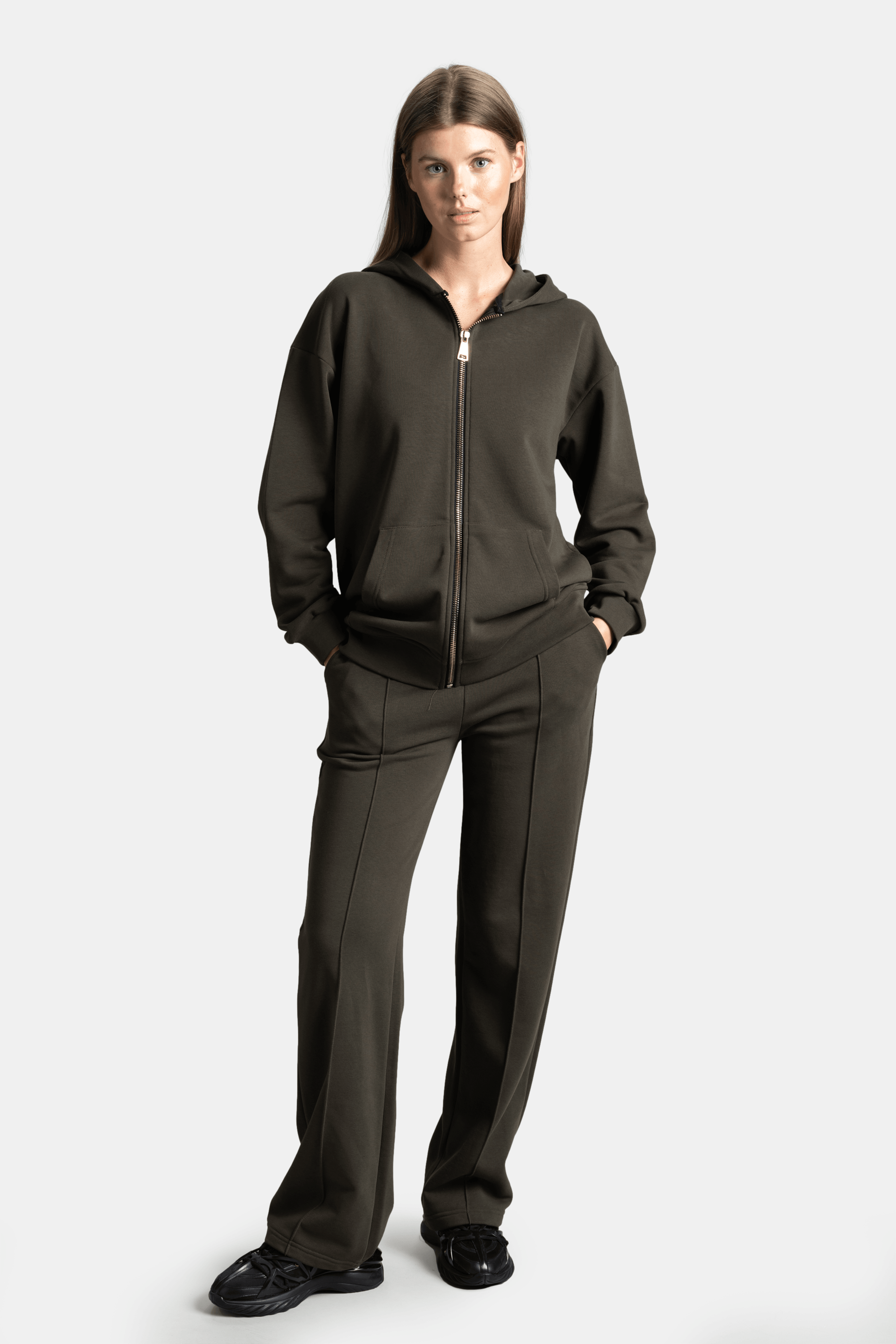 Brianna - Zipper Tracksuit Set in Khaki - Front view showcasing full zip-up hoodie and relaxed-fit pants