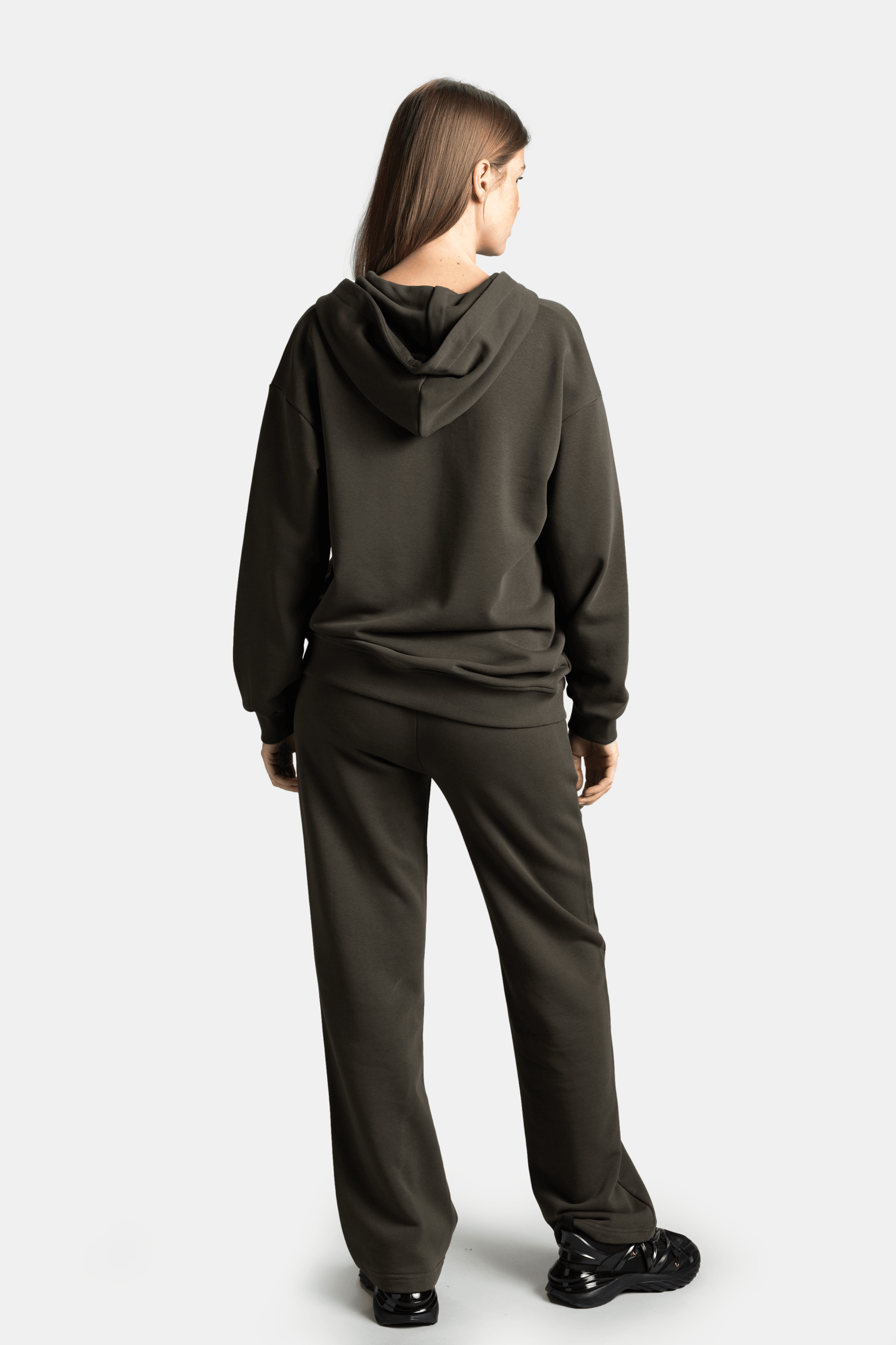 Brianna - Zipper Tracksuit Set in Khaki - Back view highlighting the hoodie design and straight-leg pants