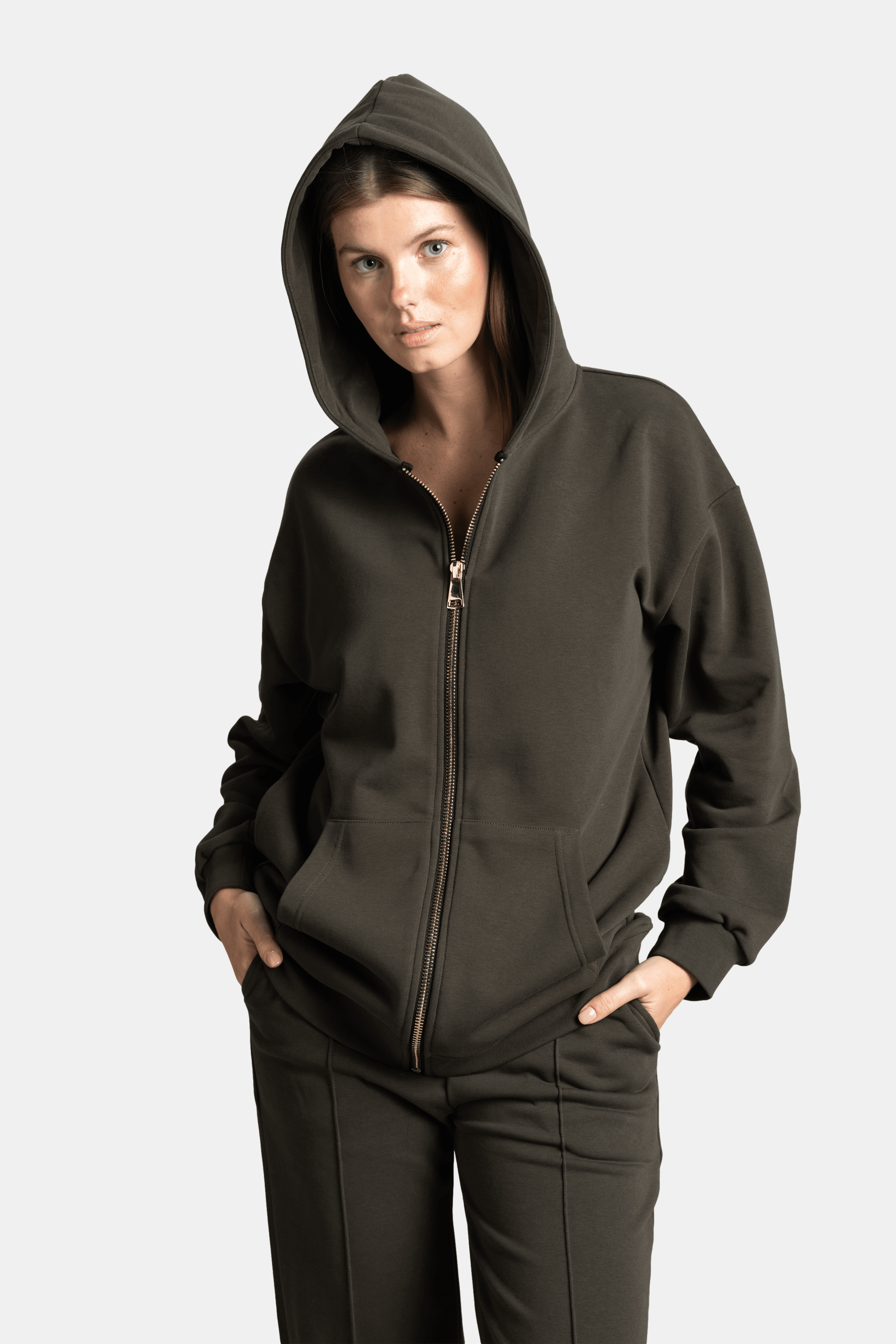 Brianna - Zipper Tracksuit Set in Khaki - Close-up of the hoodie with the hood up, showing the zipper detail