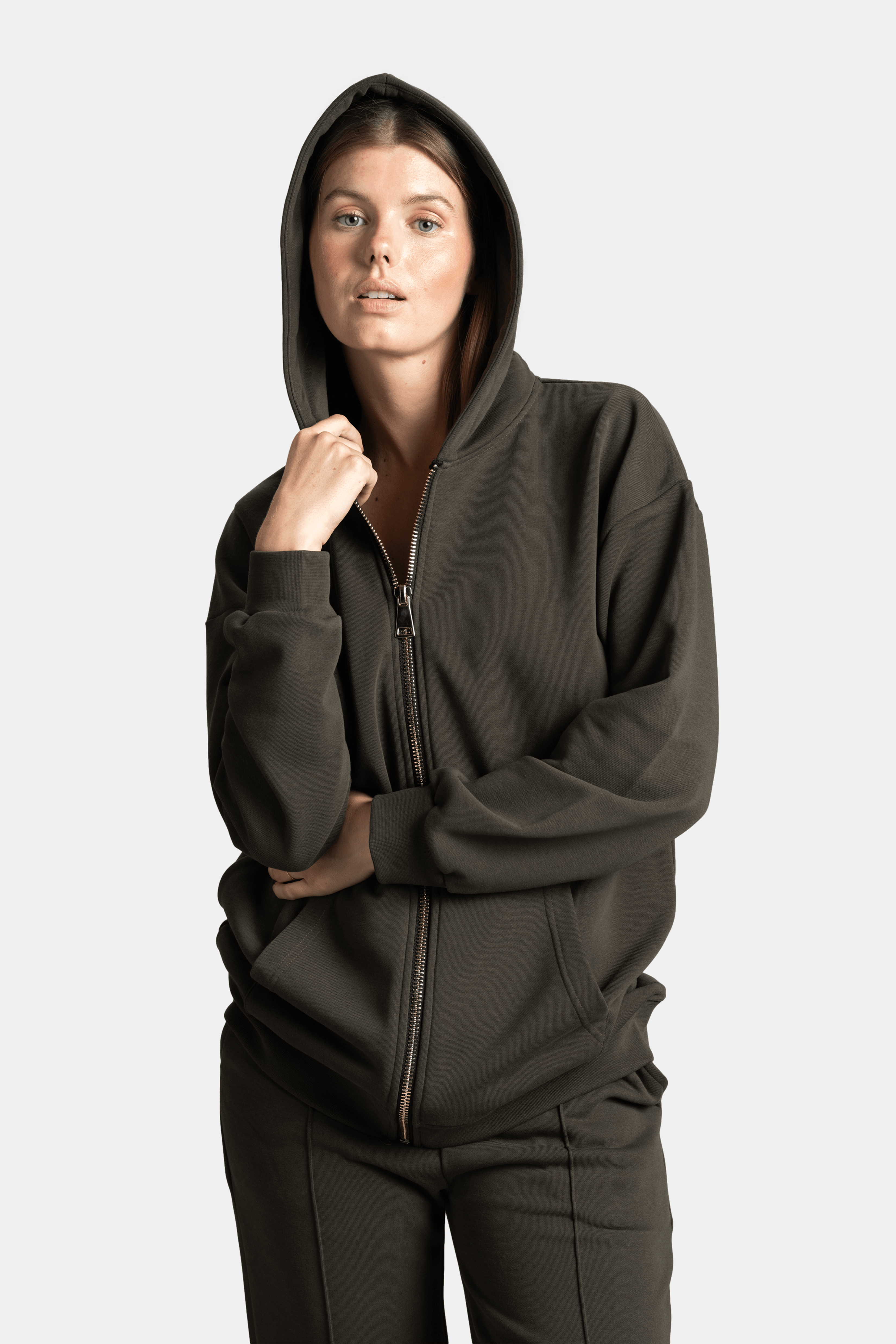 Brianna - Zipper Tracksuit Set in Khaki - Close-up of the hoodie front with zipper and pocket detail