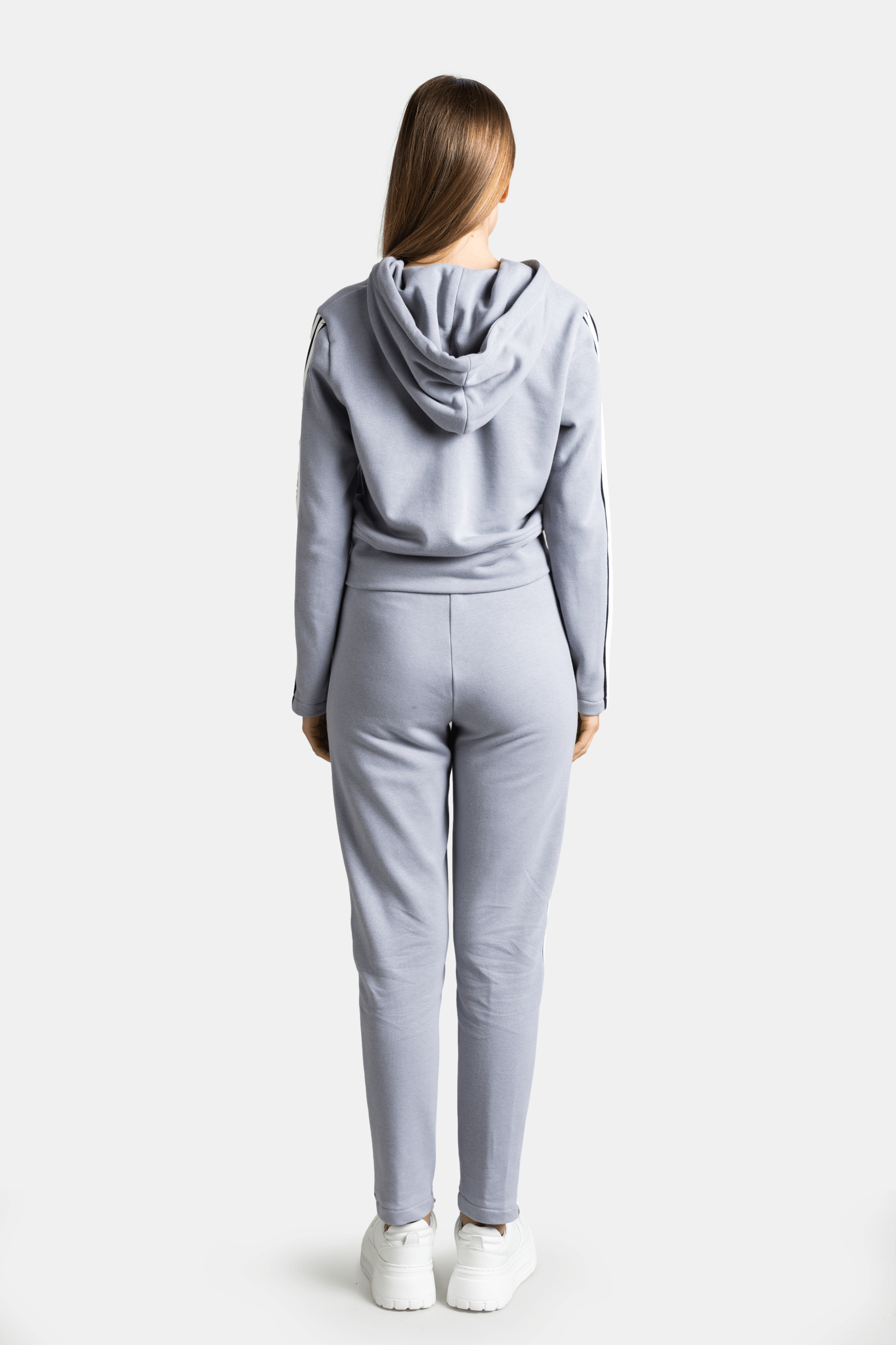 Callista - Sporty Zipper Tracksuit Set in Gray, back view highlighting the streamlined style and hoodie detailing.