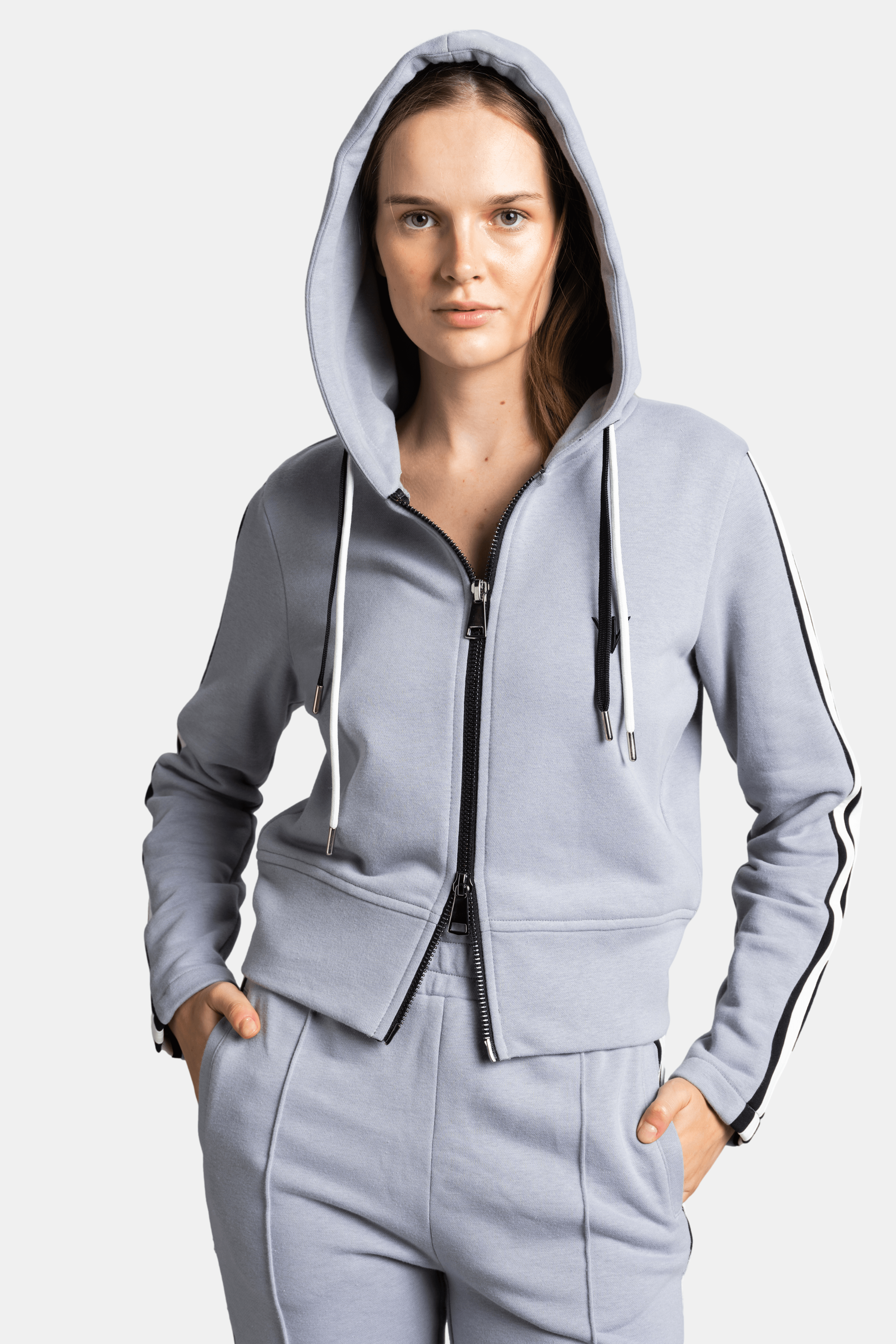 Callista - Sporty Zipper Tracksuit Set in Gray, close-up of the hoodie with zipper and stripe detail for a stylish look.