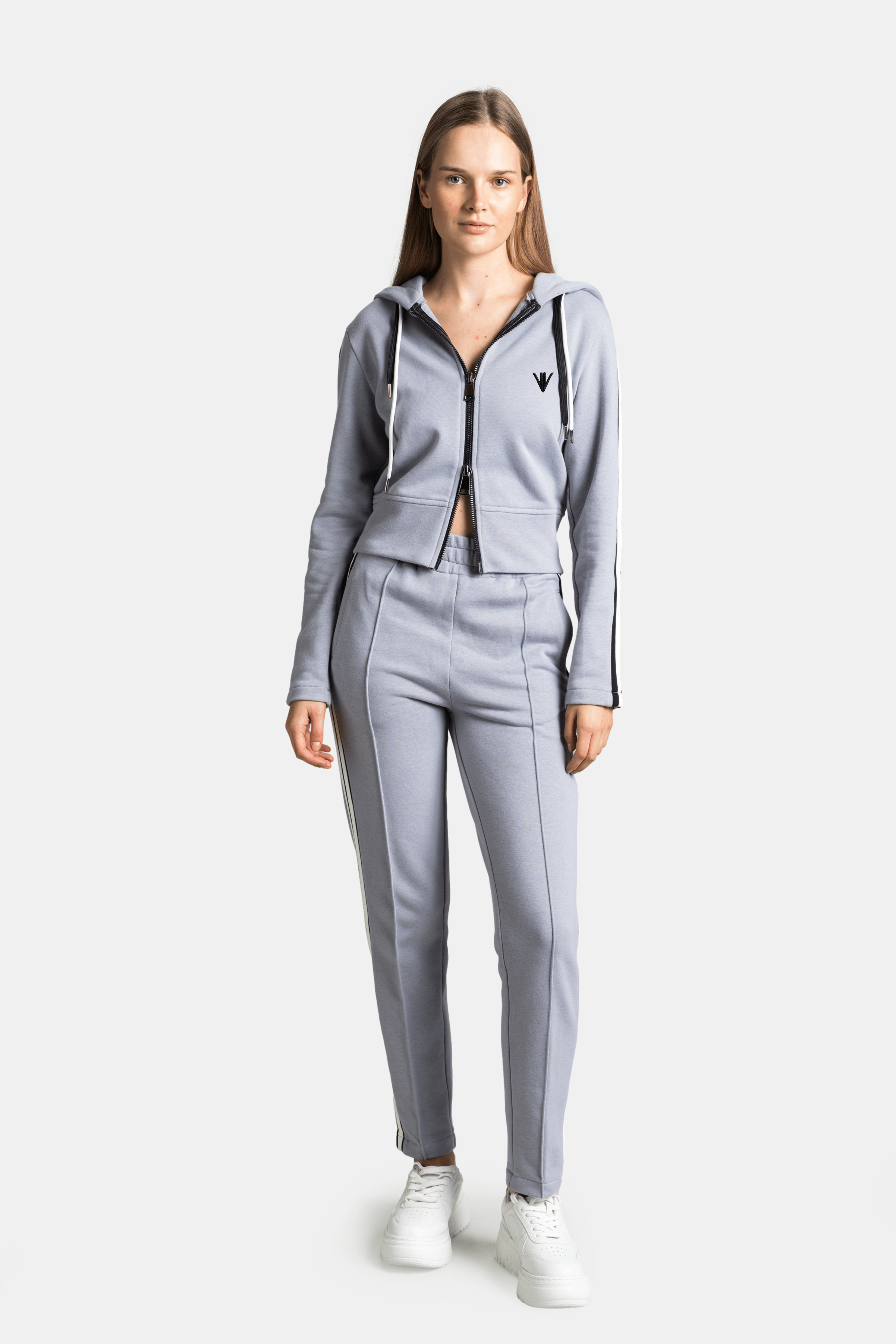 Callista - Sporty Zipper Tracksuit Set in Gray, full-length front view with relaxed fit and minimalist design for casual style.