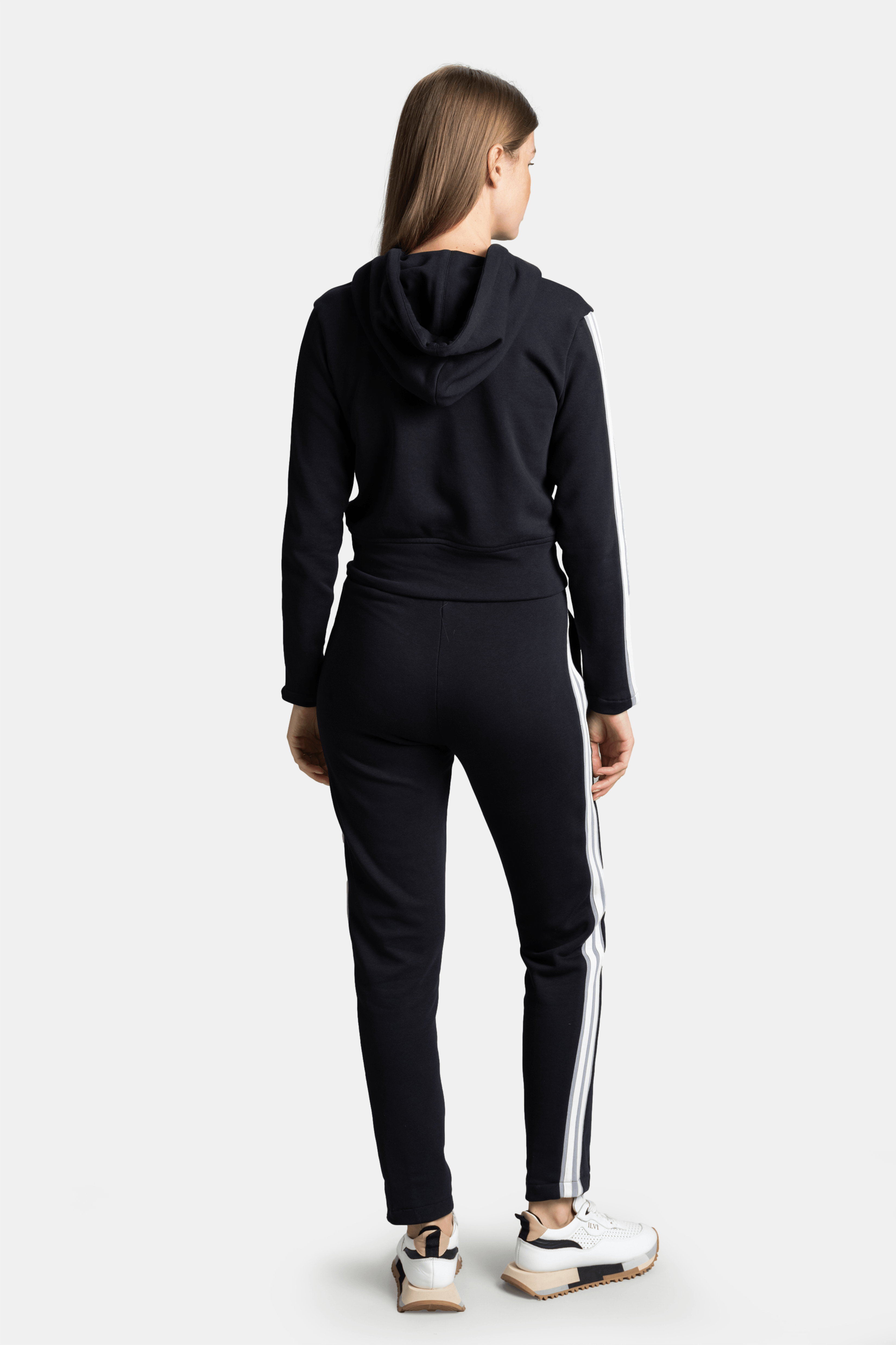 Callista - Sporty Zipper Tracksuit Set in Navy, back view displaying hooded top and full-length stripes along sleeves and pants.