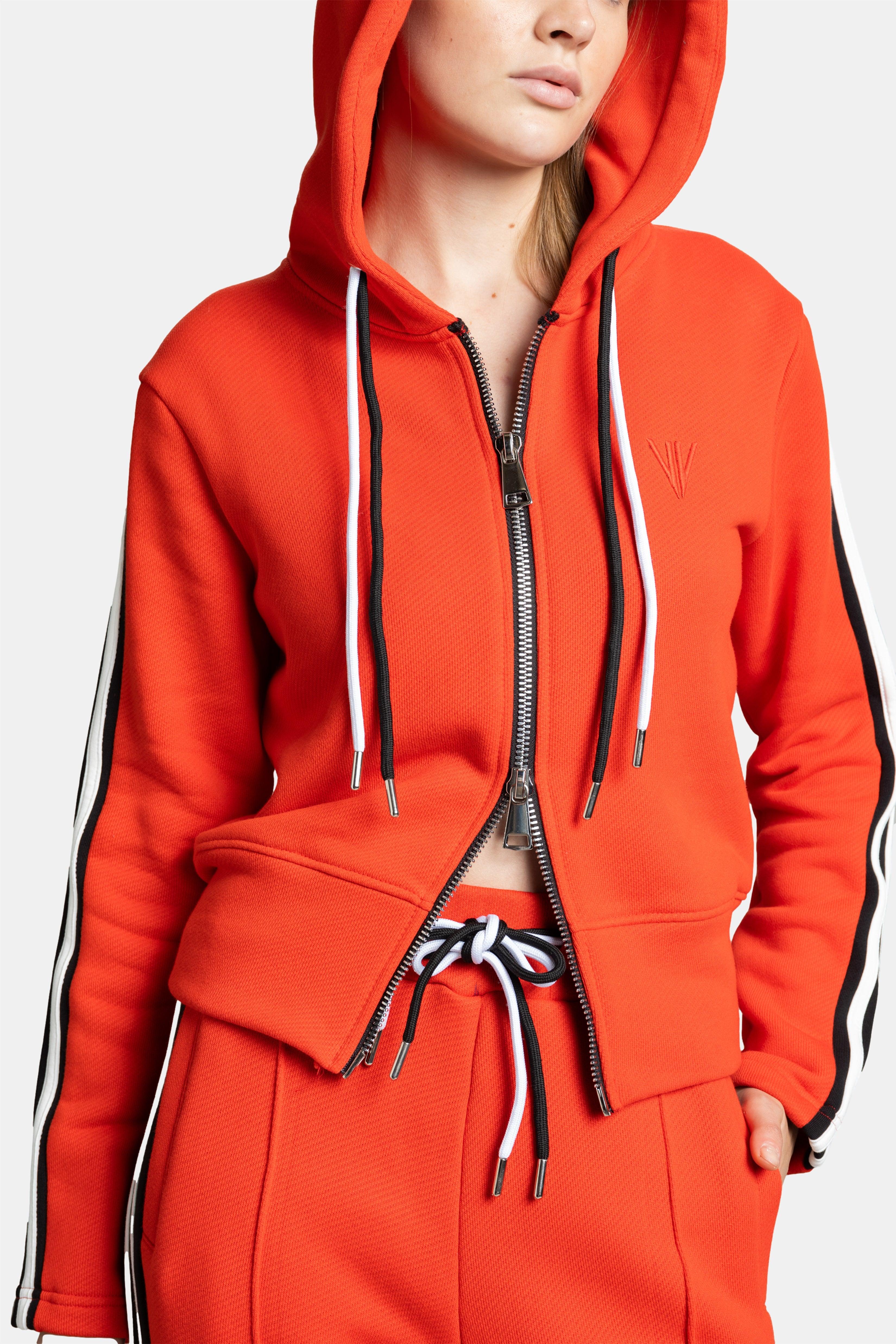 Callista - Sporty Zipper Tracksuit Set in Red, close-up of the zippered hoodie displaying the intricate drawstring details and subtle logo on the chest.