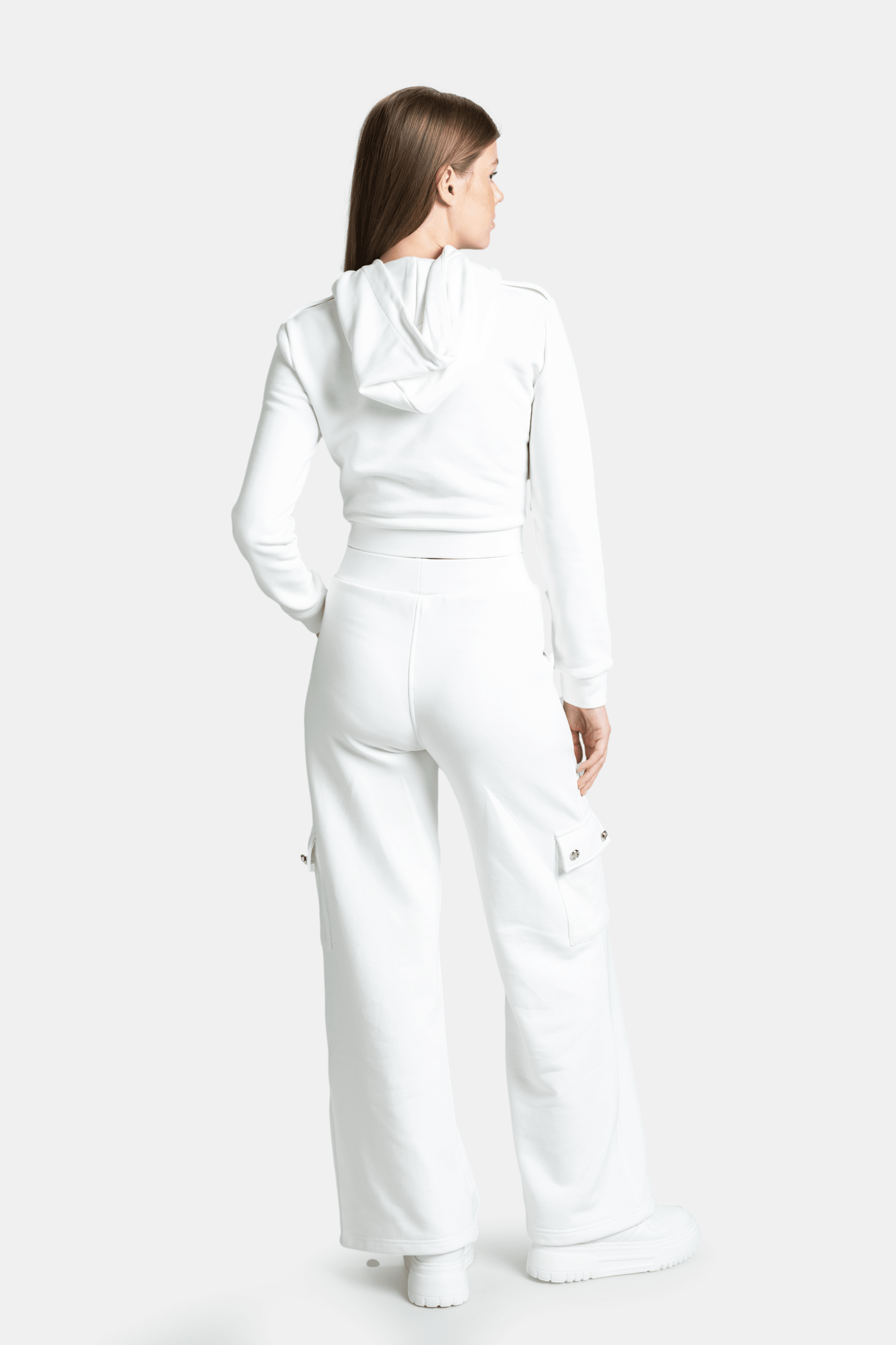 Cambria - Pocket Detail Tracksuit Set in Ecru, back view highlighting the hoodie and pocket details on the back of the pants, giving a stylish yet comfortable look.