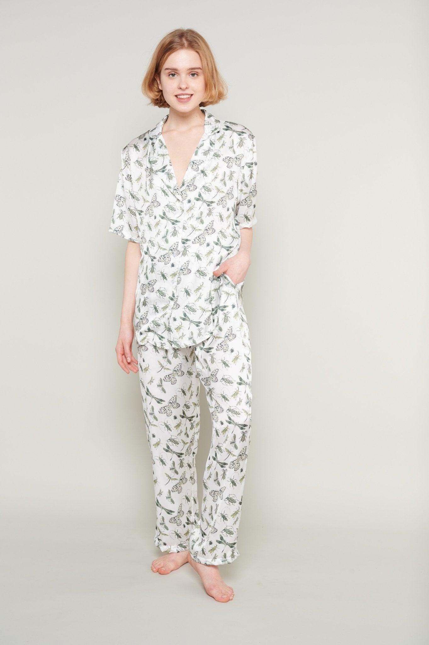 Agora - Botanical Butterfly Satin Pajama Set - NOWIHT - Pajamas