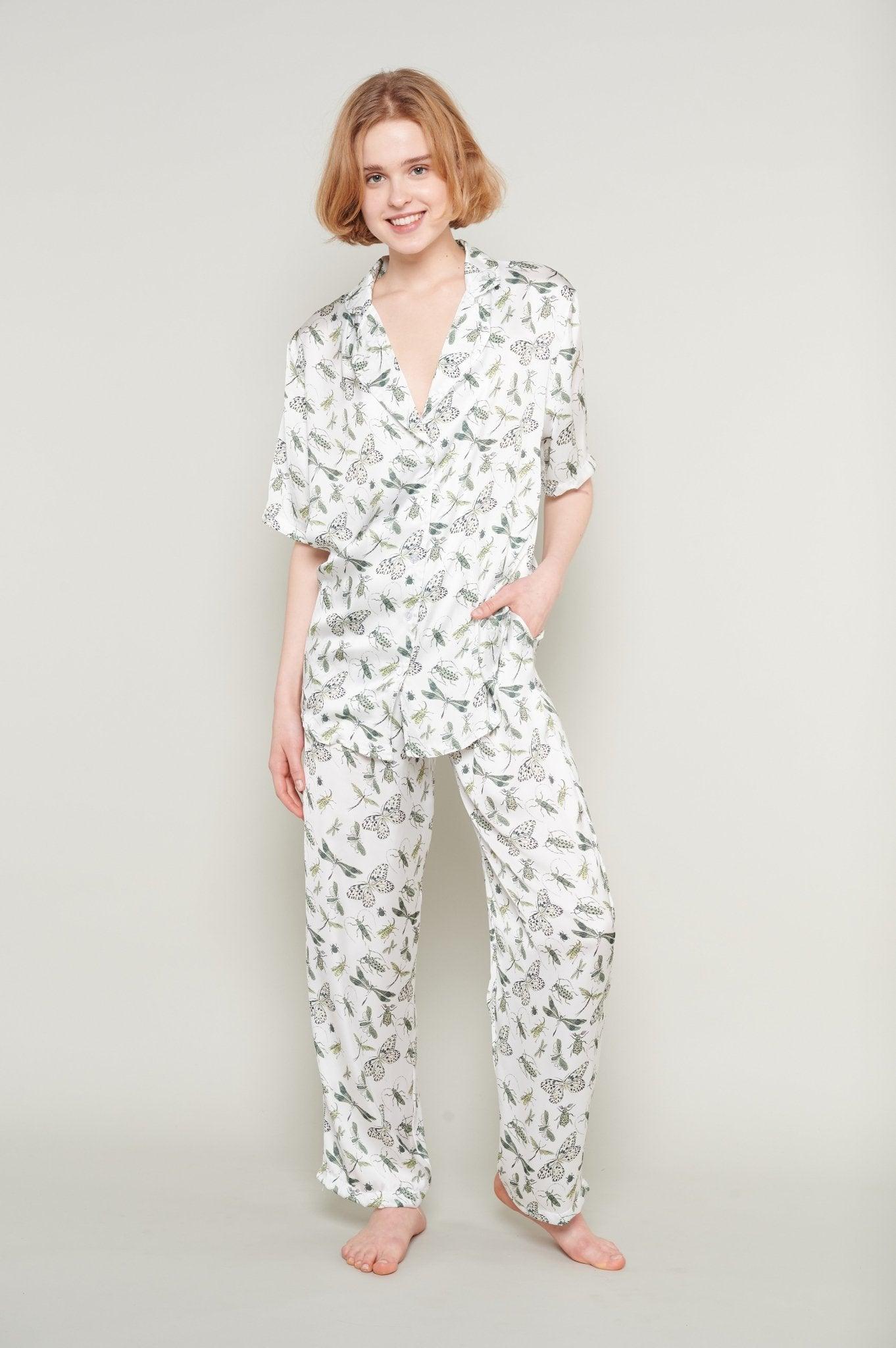 Agora - Botanical Butterfly Satin Pajama Set - NOWIHT - Pajamas