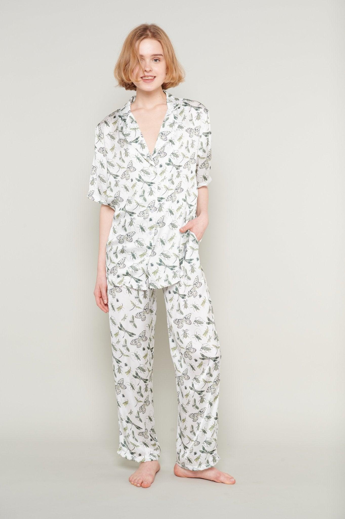 Agora - Botanical Butterfly Satin Pajama Set - NOWIHT - Pajamas