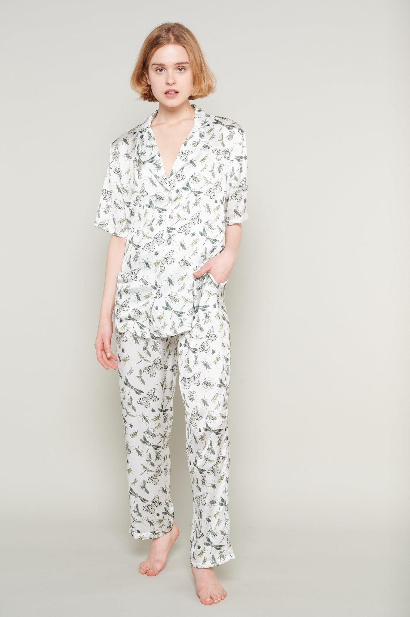 Agora - Botanical Butterfly Satin Pajama Set - NOWIHT - Pajamas