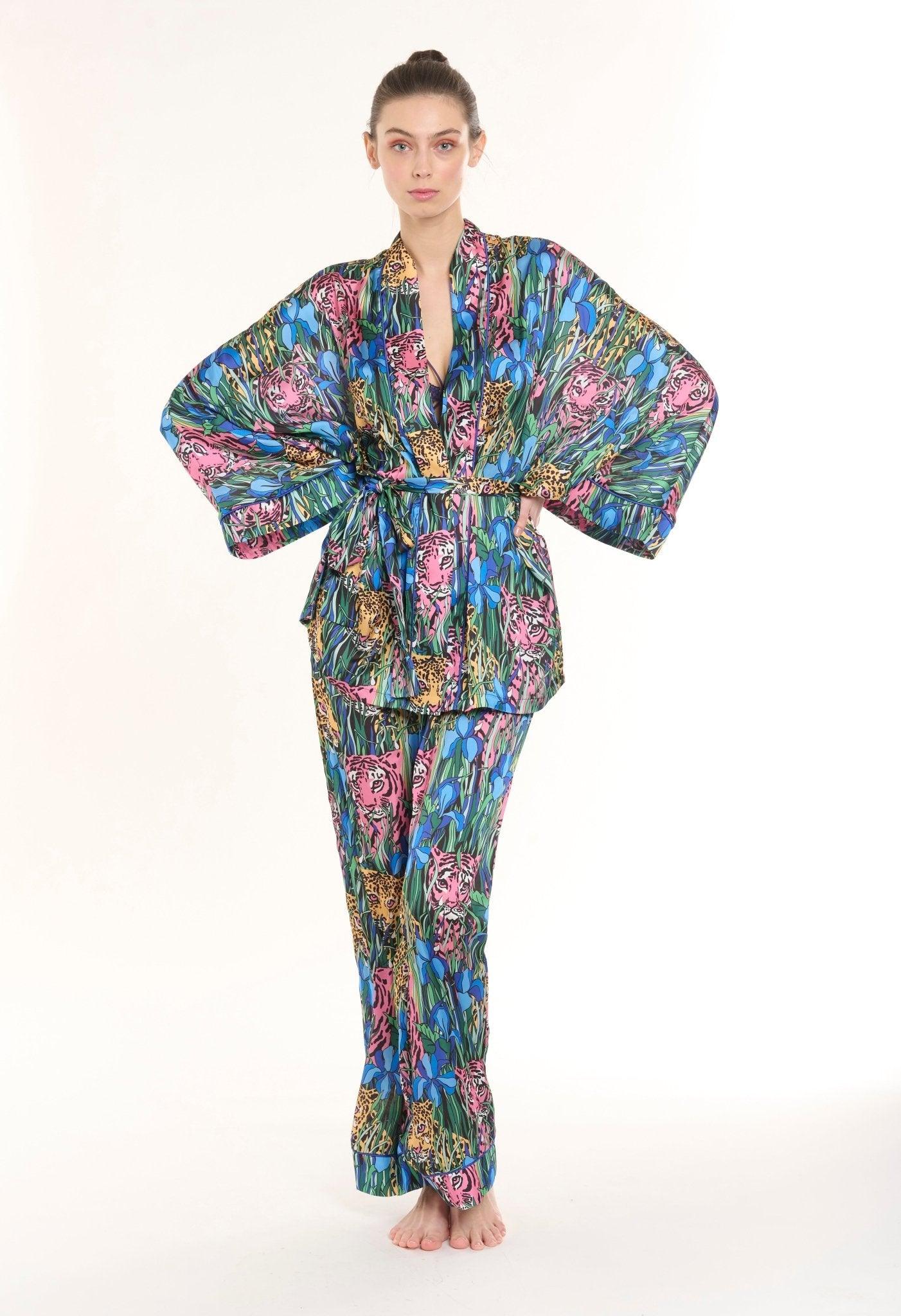 Alexis - Teal Leopard Floral Satin Kimono Robe & Pants Set - NOWIHT - Pajamas