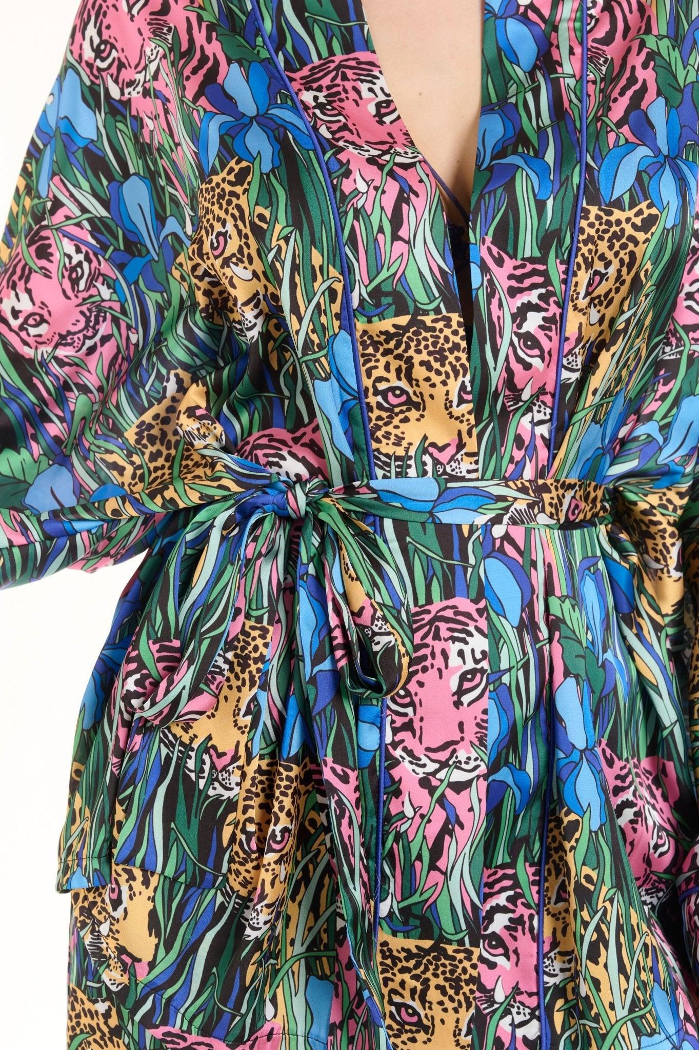 Alexis - Teal Leopard Floral Satin Kimono Robe & Pants Set - NOWIHT - Pajamas