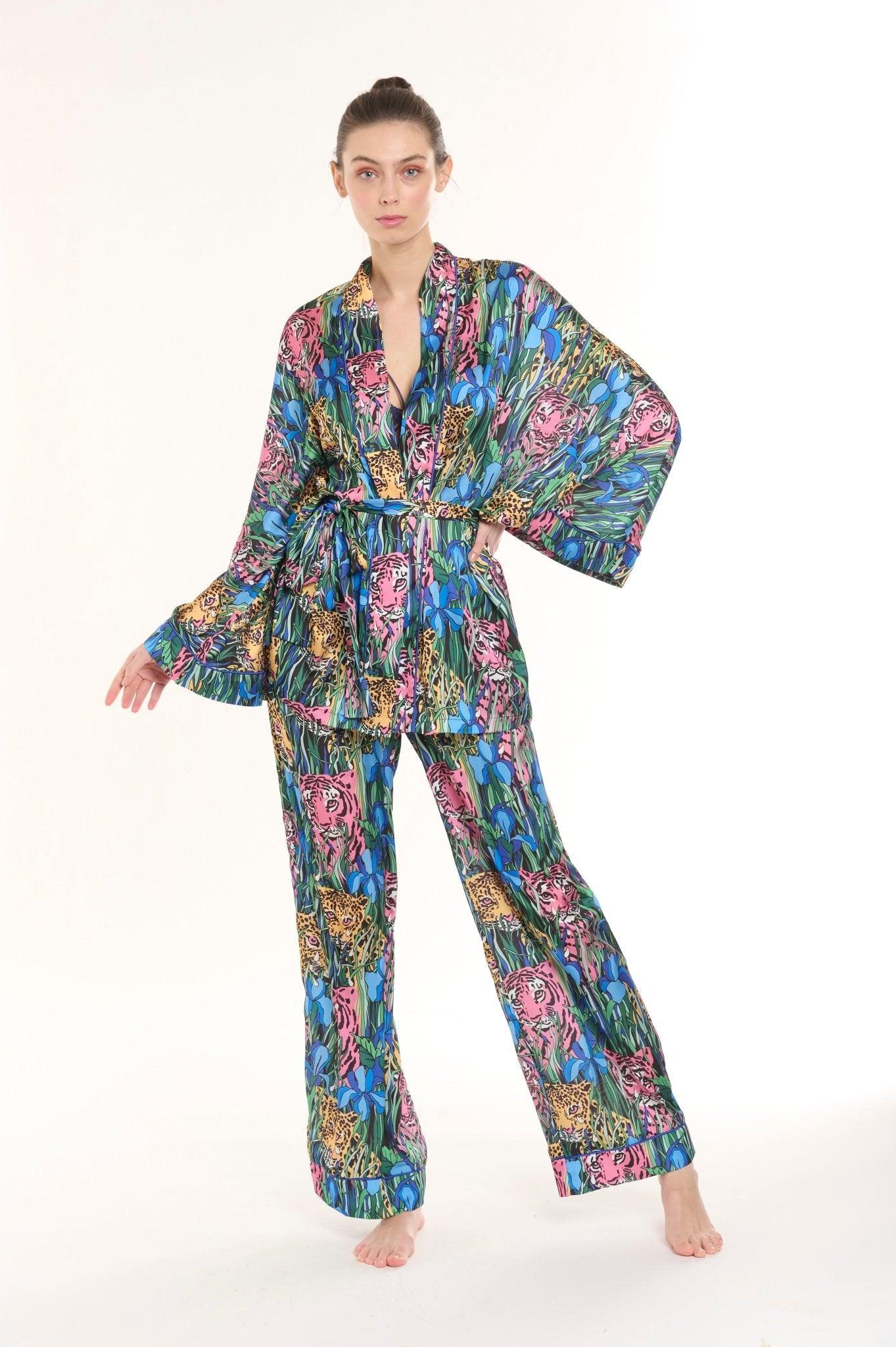 Alexis - Teal Leopard Floral Satin Kimono Robe & Pants Set - NOWIHT - Pajamas