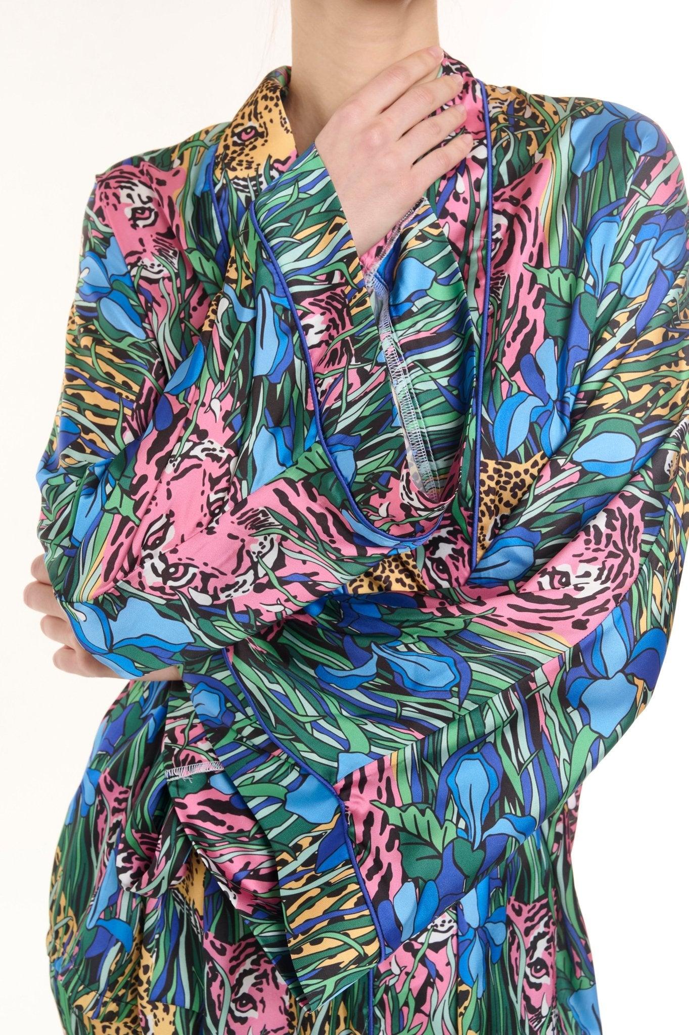 Alexis - Teal Leopard Floral Satin Kimono Robe & Pants Set - NOWIHT - Pajamas