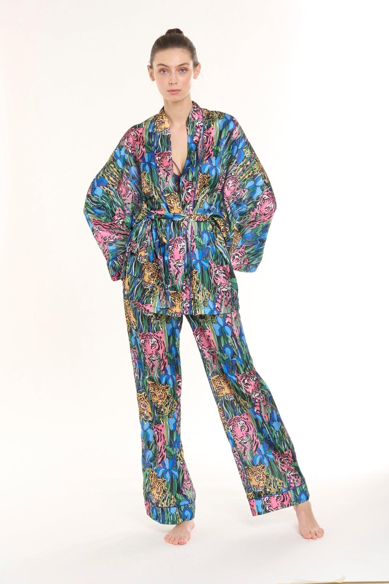 Alexis - Teal Leopard Floral Satin Kimono Robe & Pants Set - NOWIHT - Pajamas