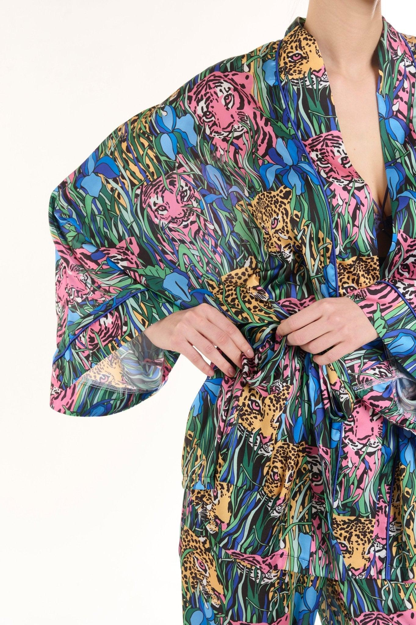 Alexis - Teal Leopard Floral Satin Kimono Robe & Pants Set - NOWIHT - Pajamas