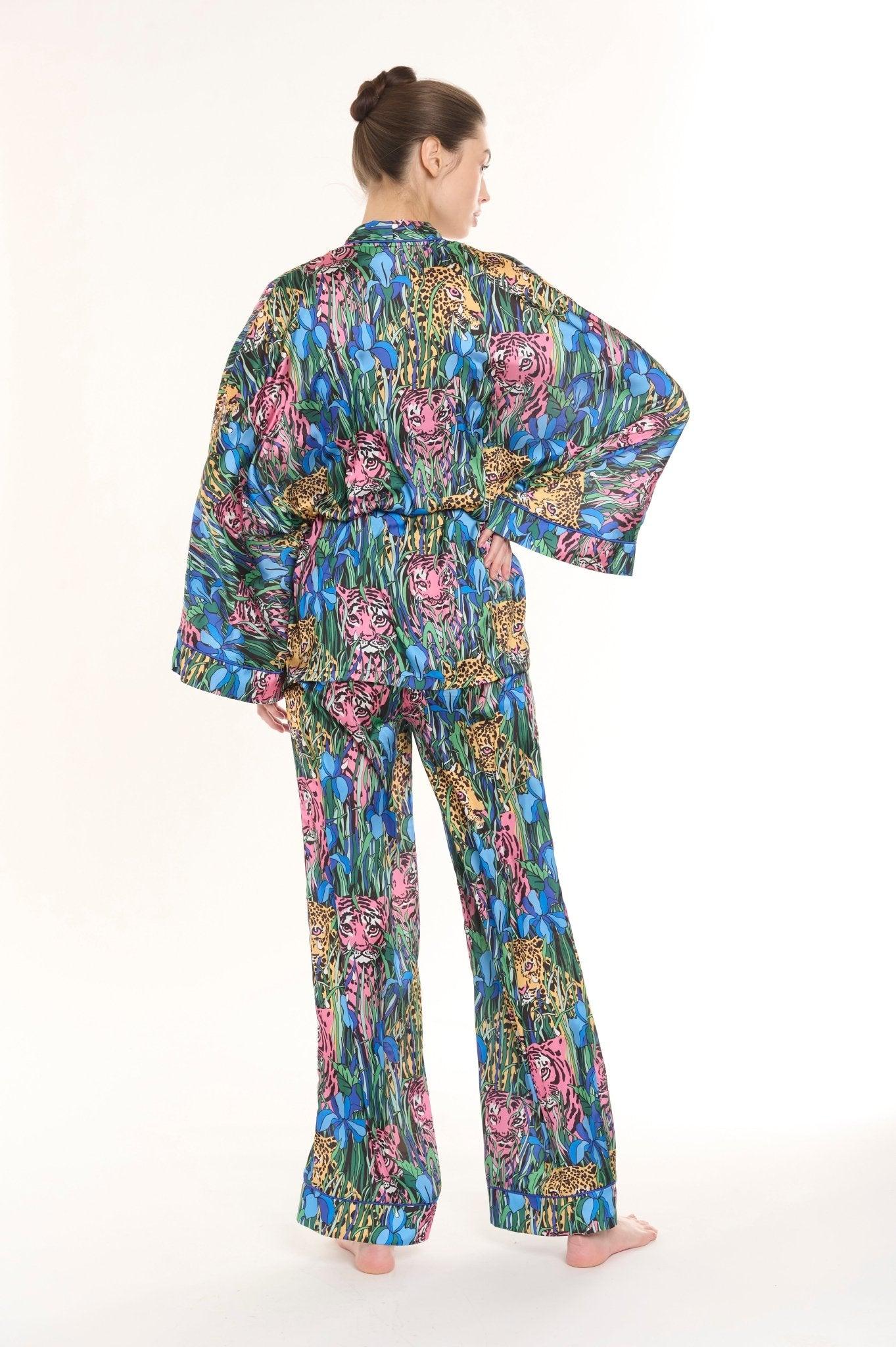 Alexis - Teal Leopard Floral Satin Kimono Robe & Pants Set - NOWIHT - Pajamas