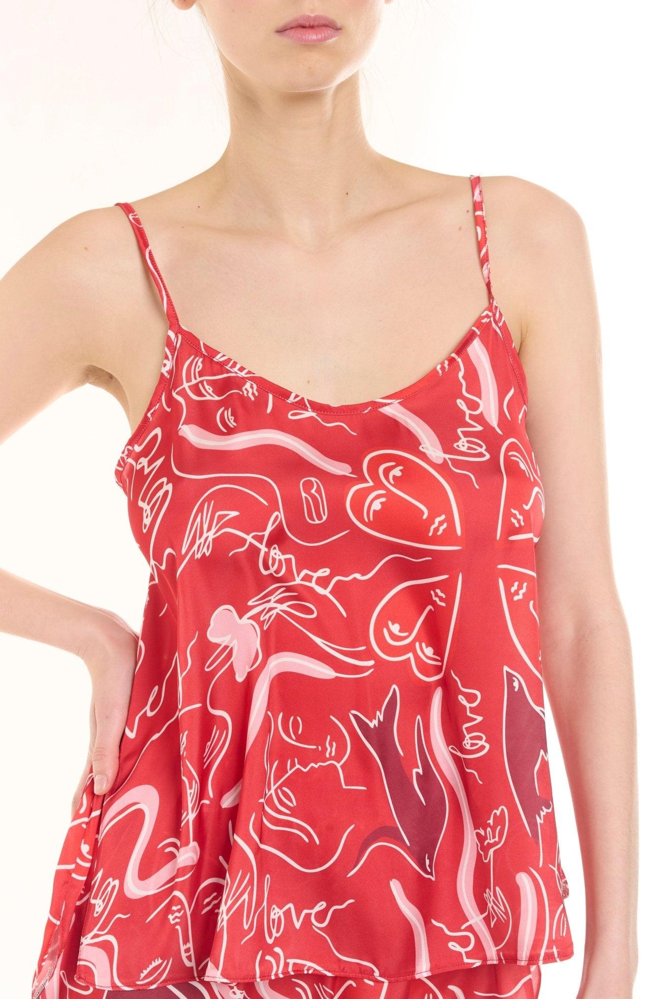 Amber - Red Abstract Satin Tank Top & Shorts Set - NOWIHT - Pajamas