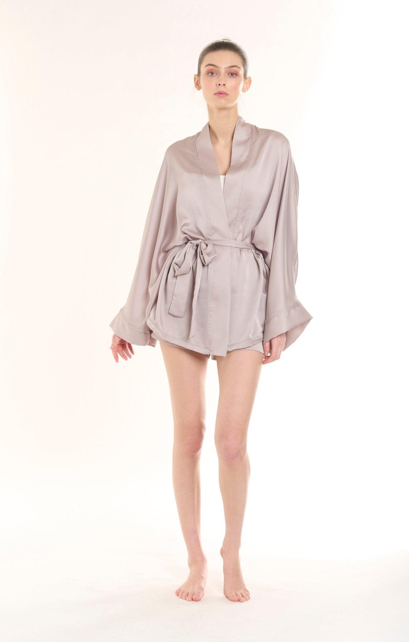 Anabelle - Bridal Kimono Robe & Shorts Set in Luxurious Beige - NOWIHT - Pajamas