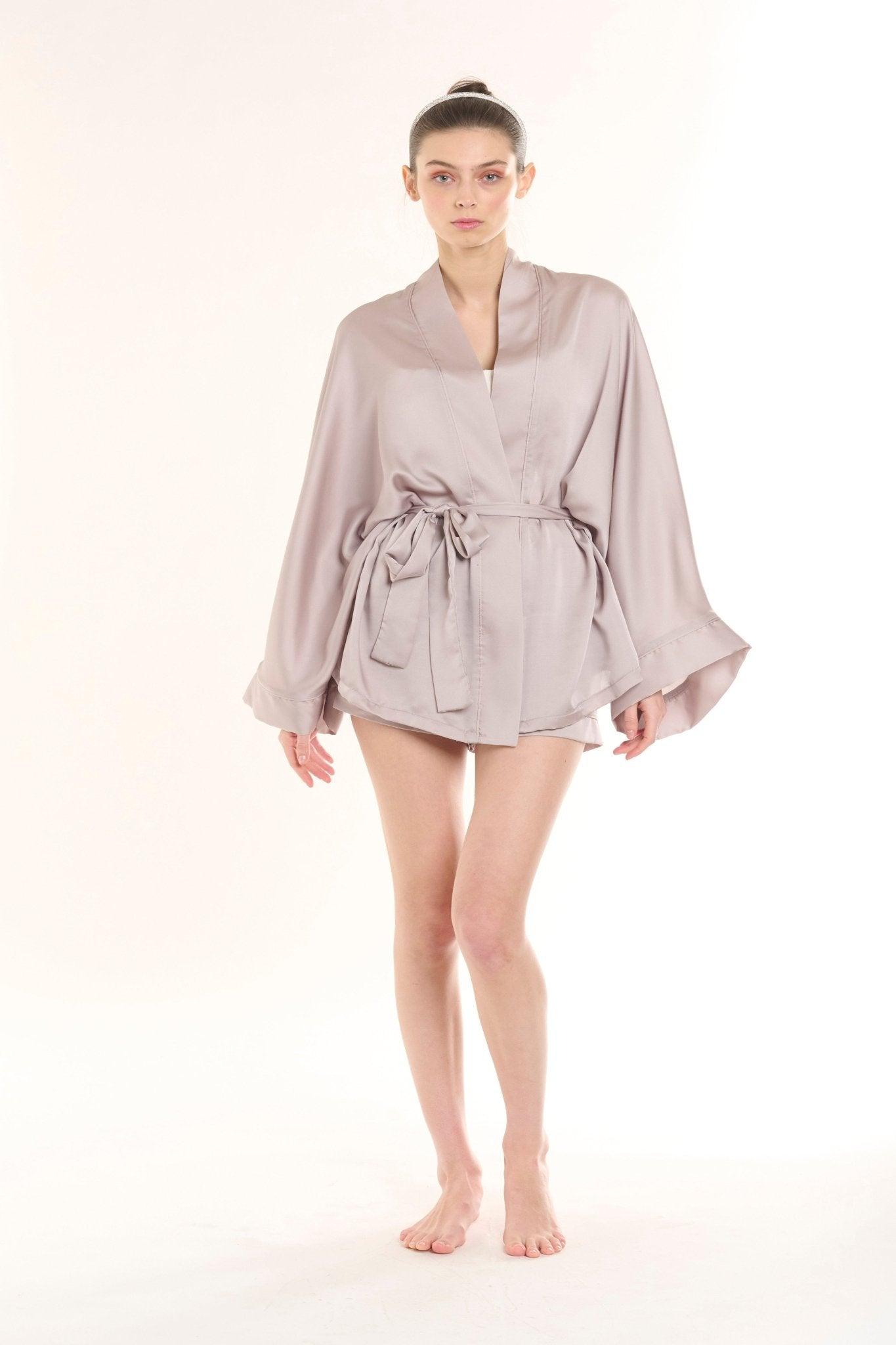 Anabelle - Bridal Kimono Robe & Shorts Set in Luxurious Beige - NOWIHT - Pajamas