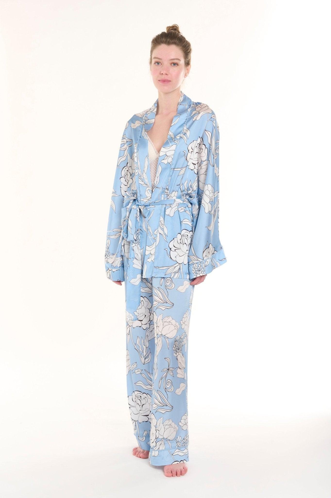 Anais - Baby Blue Floral Satin Kimono Robe & Pants Set - NOWIHT - Pajamas