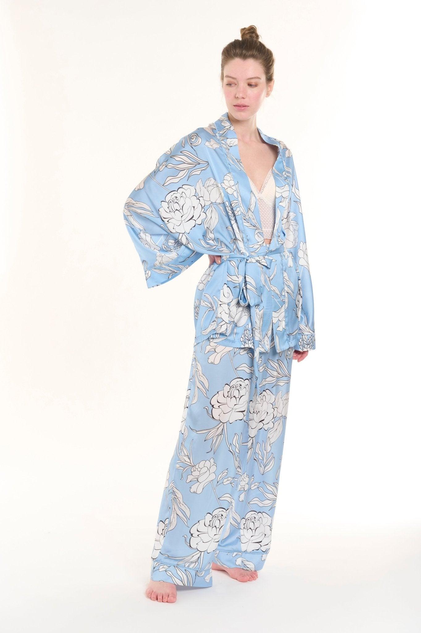 Anais - Baby Blue Floral Satin Kimono Robe & Pants Set - NOWIHT - Pajamas