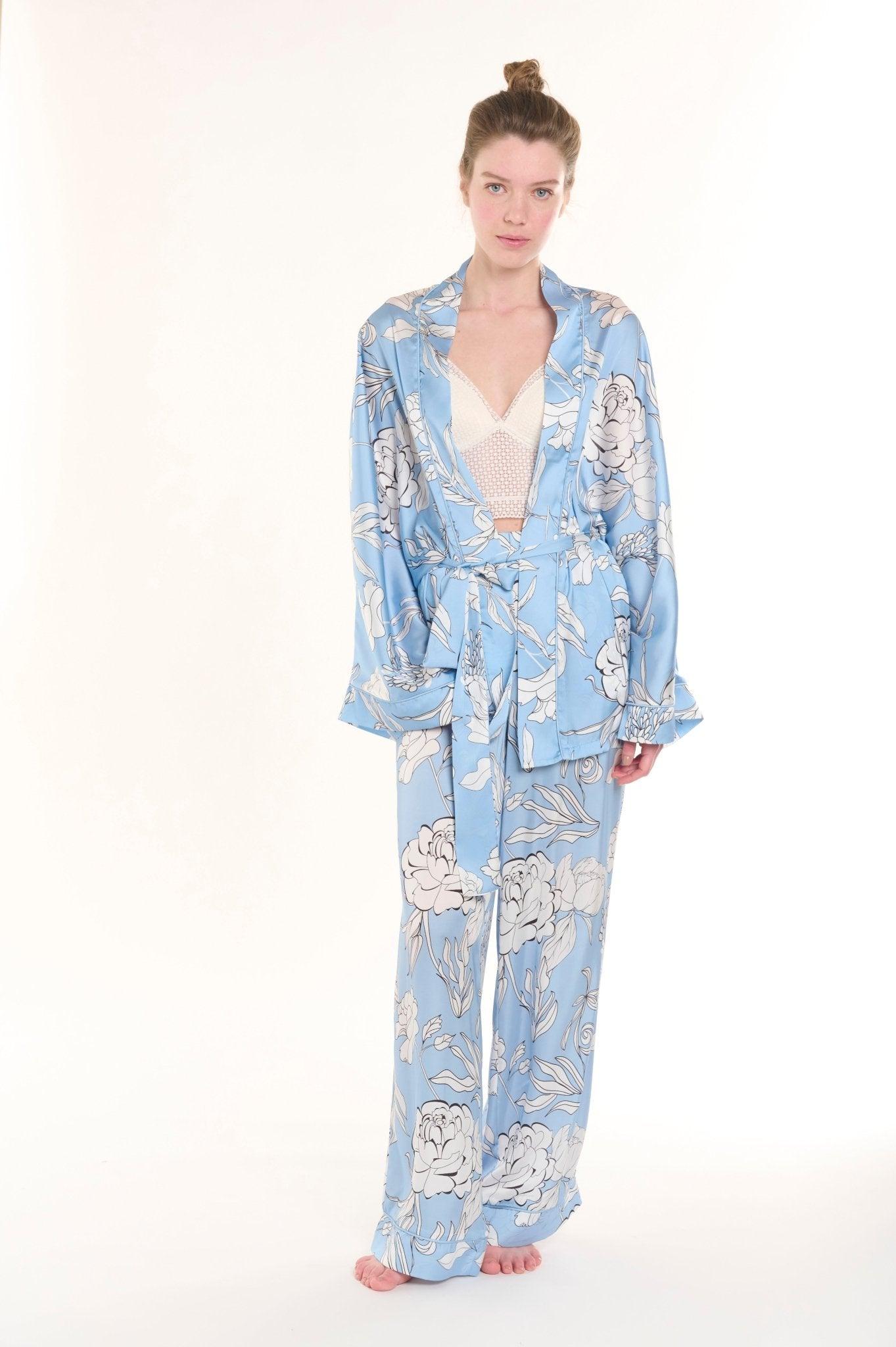 Anais - Baby Blue Floral Satin Kimono Robe & Pants Set - NOWIHT - Pajamas