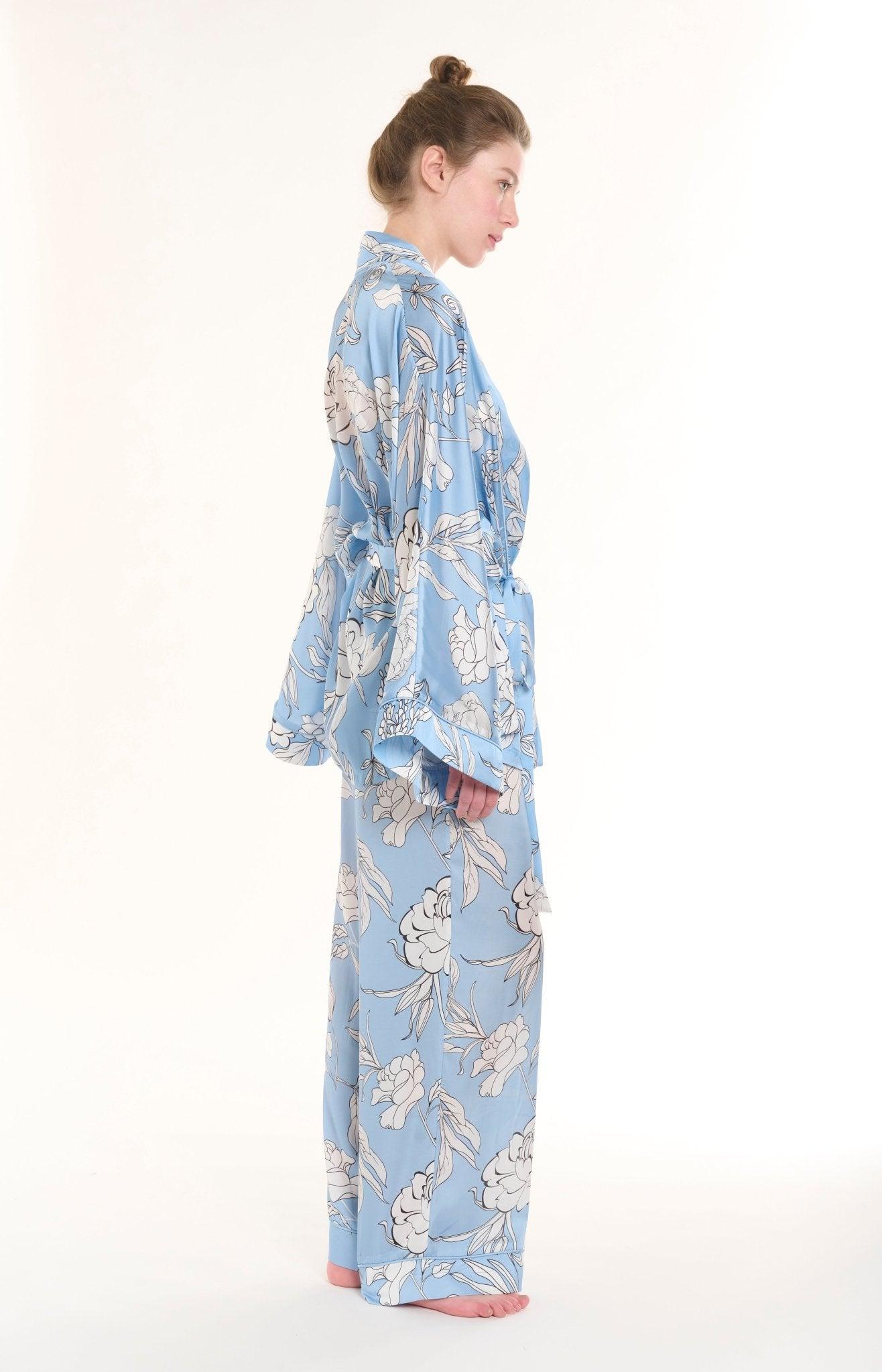 Anais - Baby Blue Floral Satin Kimono Robe & Pants Set - NOWIHT - Pajamas