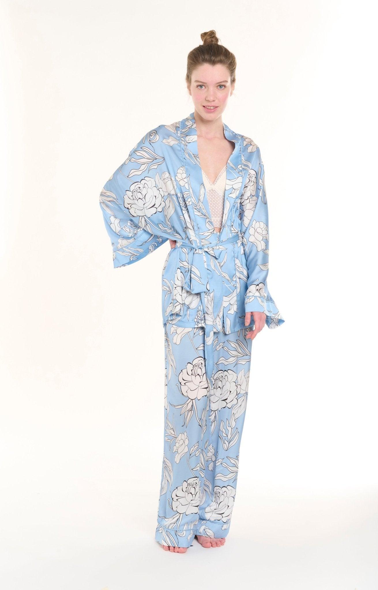 Anais - Baby Blue Floral Satin Kimono Robe & Pants Set - NOWIHT - Pajamas