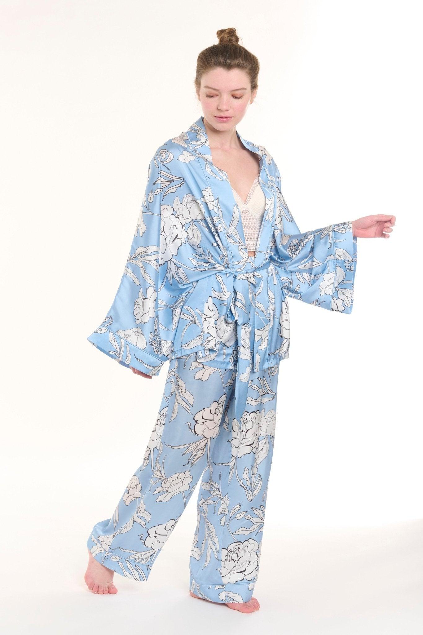 Anais - Baby Blue Floral Satin Kimono Robe & Pants Set - NOWIHT - Pajamas