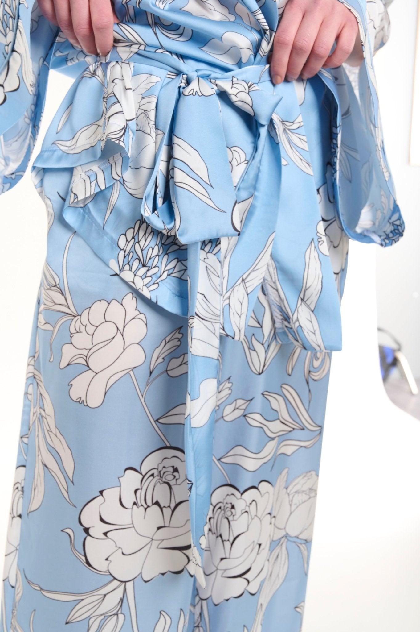 Anais - Baby Blue Floral Satin Kimono Robe & Pants Set - NOWIHT - Pajamas