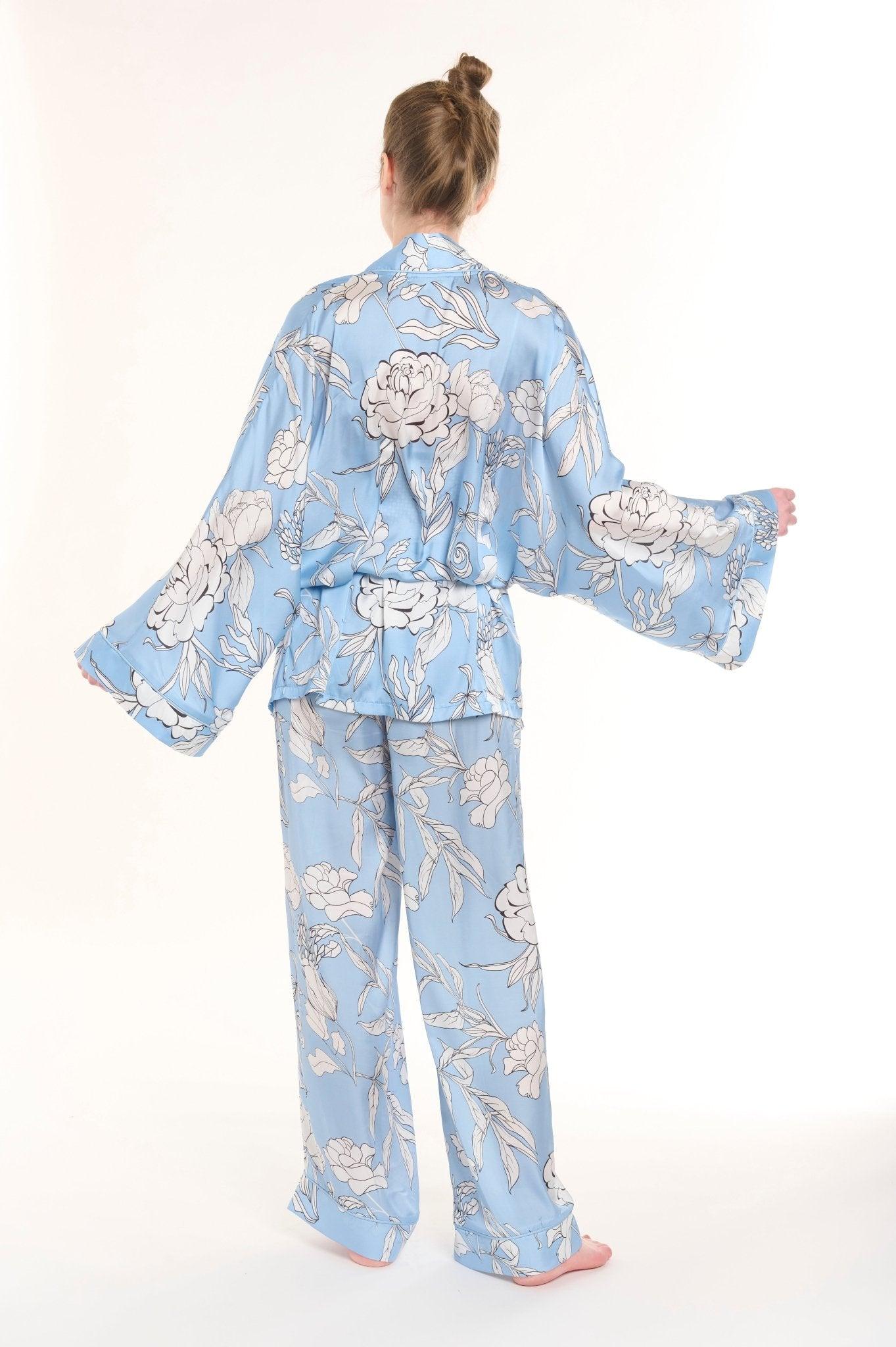 Anais - Baby Blue Floral Satin Kimono Robe & Pants Set - NOWIHT - Pajamas