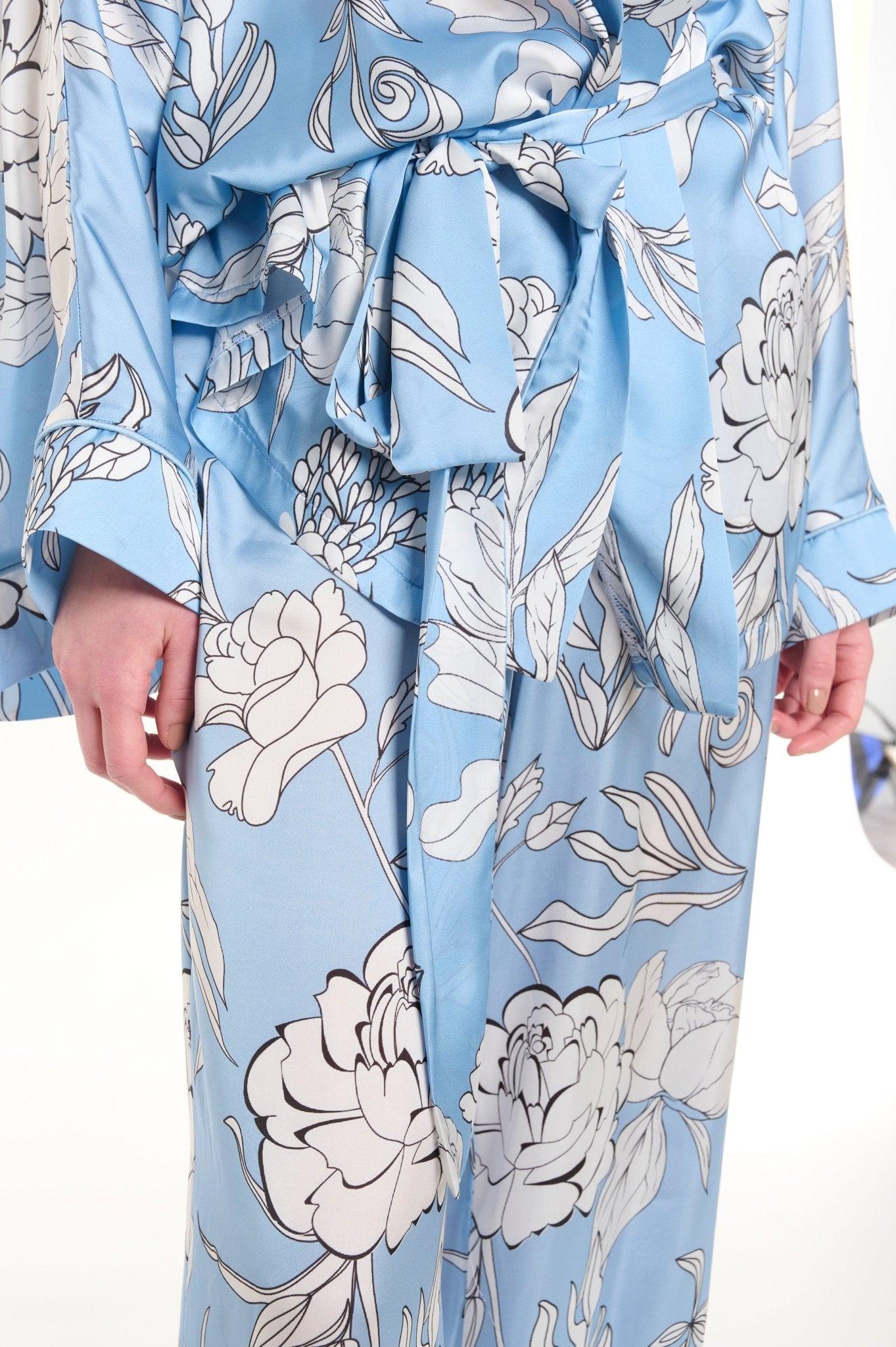 Anais - Baby Blue Floral Satin Kimono Robe & Pants Set - NOWIHT - Pajamas