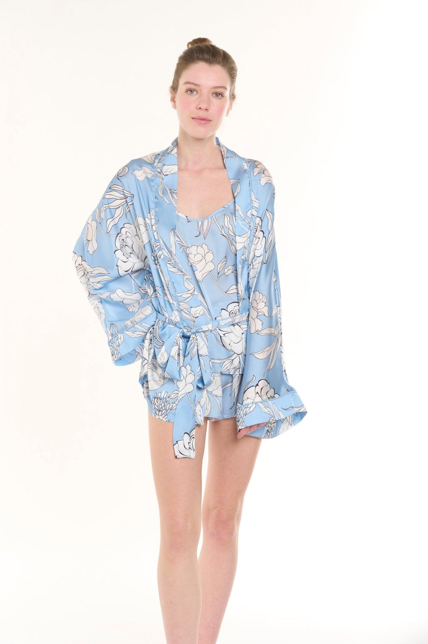 Anjelique - Baby Blue Floral Satin Kimono Robe, Tank Top & Shorts Set - NOWIHT - Pajamas