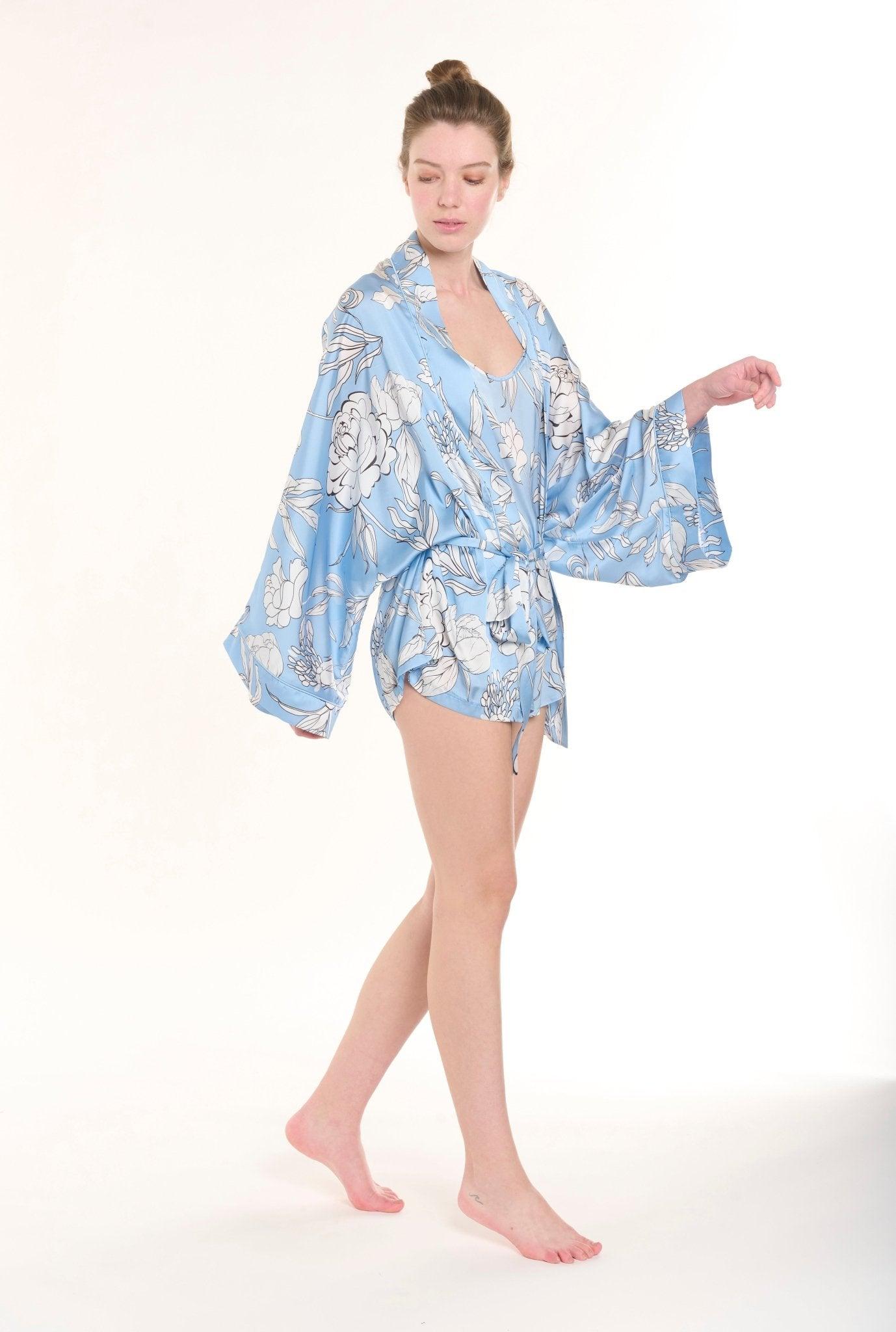 Anjelique - Baby Blue Floral Satin Kimono Robe, Tank Top & Shorts Set - NOWIHT - Pajamas