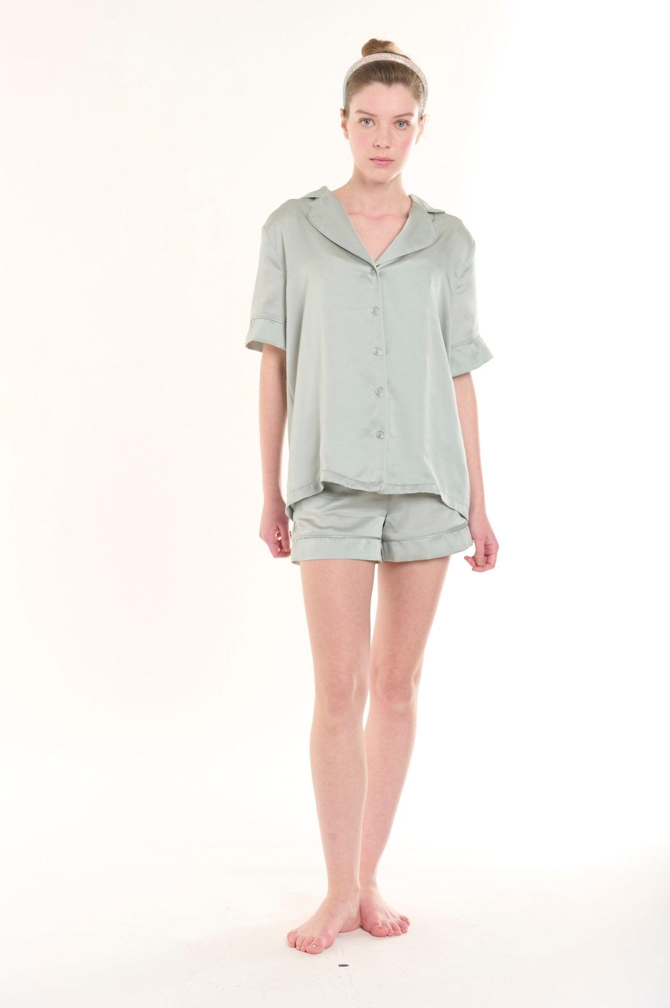 Anya - Bridal Green Half Sleeve Shirt & Shorts Satin Pajama Set - NOWIHT - Pajamas