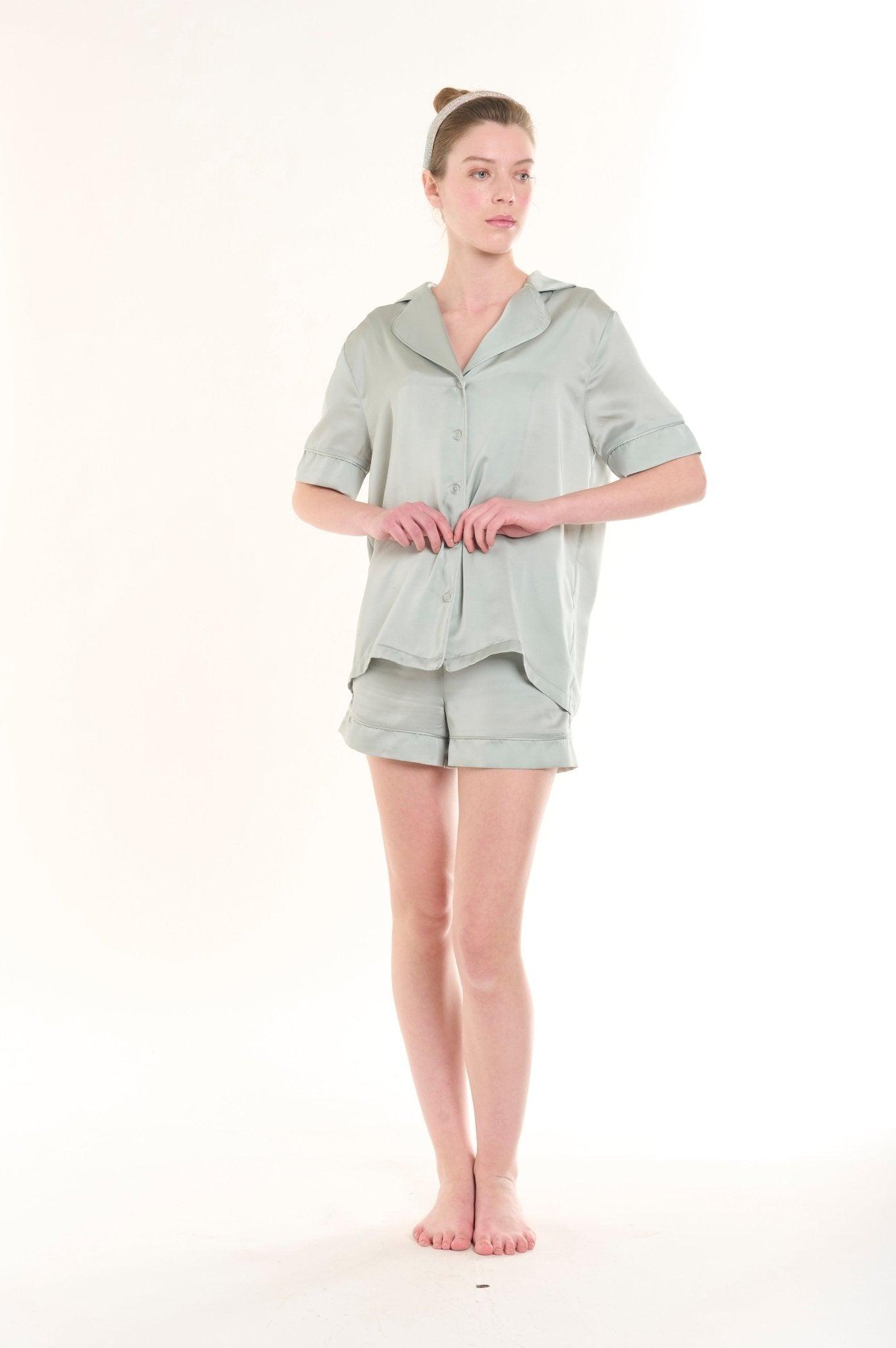 Anya - Bridal Green Half Sleeve Shirt & Shorts Satin Pajama Set - NOWIHT - Pajamas