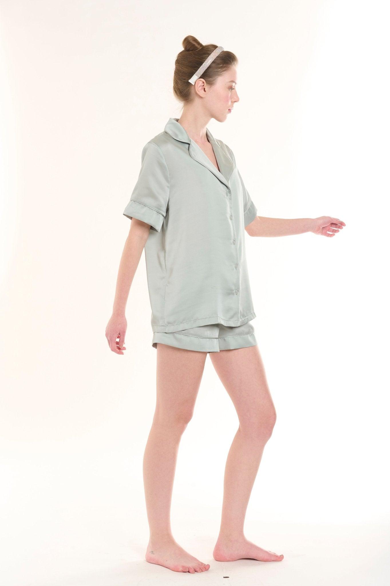 Anya - Bridal Green Half Sleeve Shirt & Shorts Satin Pajama Set - NOWIHT - Pajamas