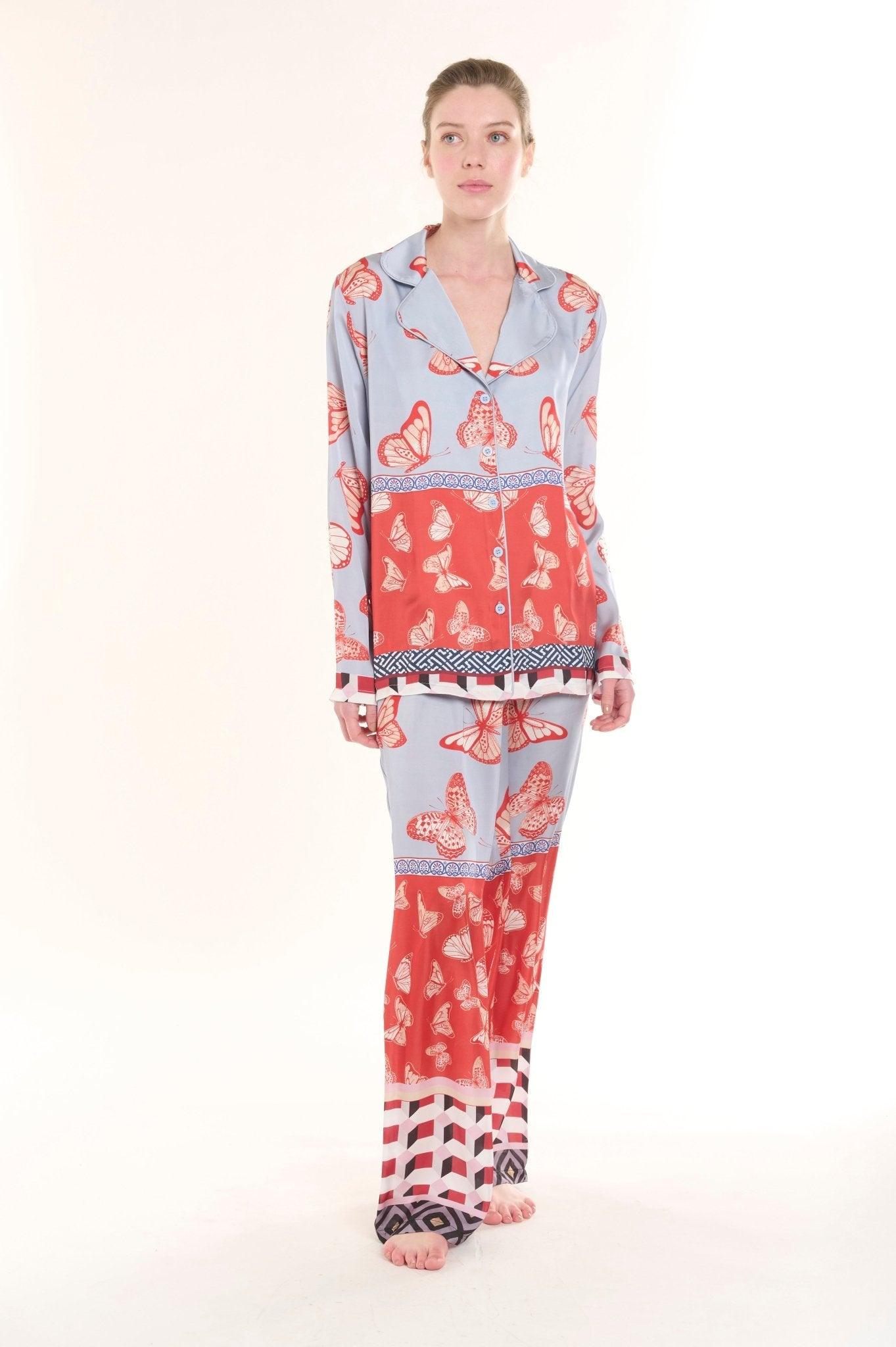 Aria - Serene Light Blue Butterfly Dream Satin Pajama Set - NOWIHT - Pajama Set