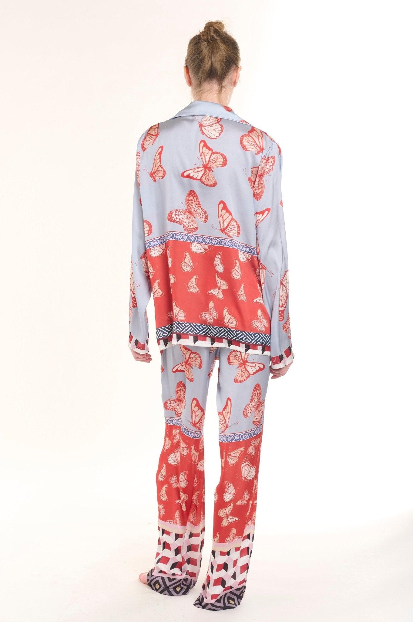 Aria - Serene Light Blue Butterfly Dream Satin Pajama Set - NOWIHT - Pajama Set