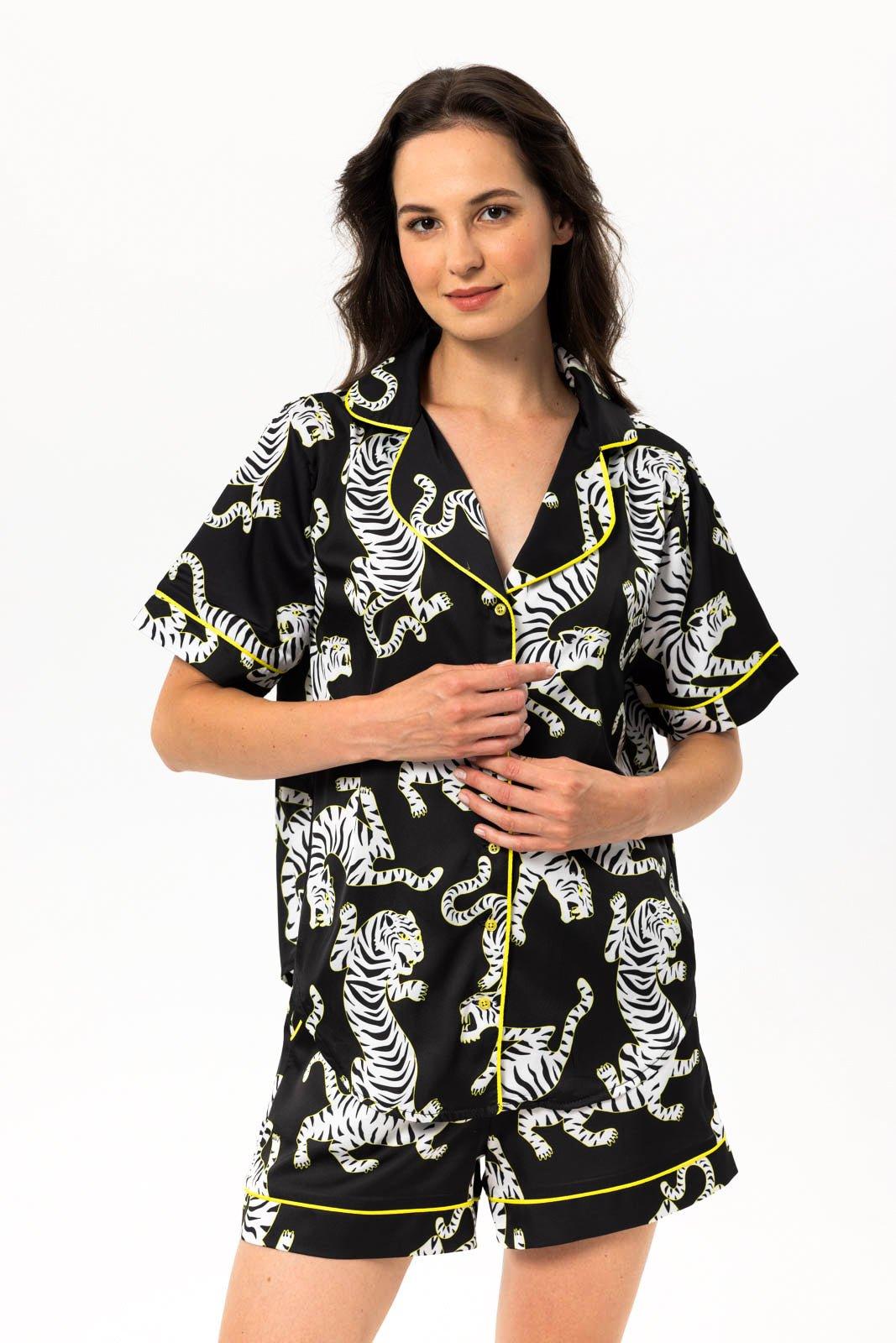 Asena - Fierce Tiger Print Black Satin Pajama Set - NOWIHT - Pajamas