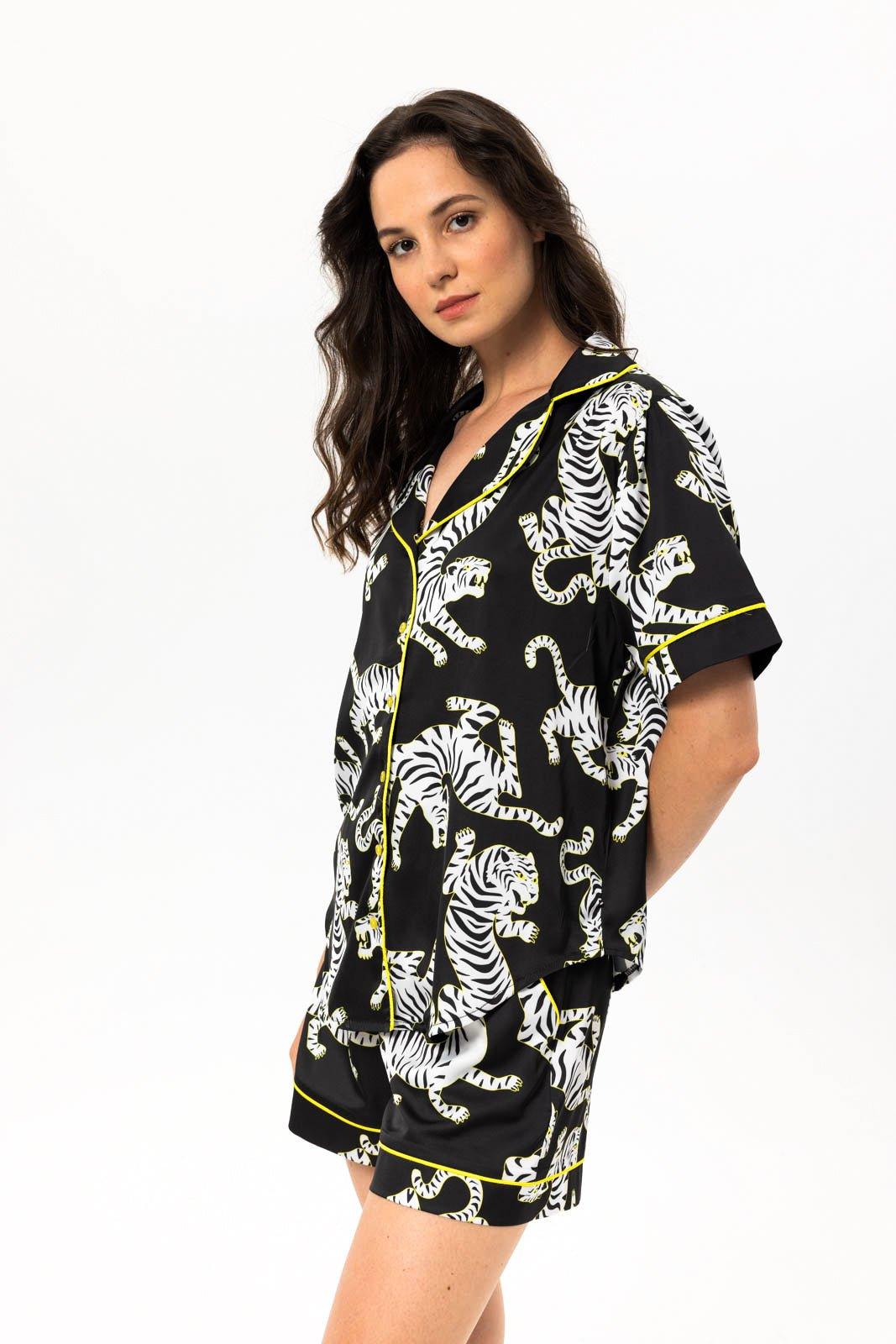 Asena - Fierce Tiger Print Black Satin Pajama Set - NOWIHT - Pajamas