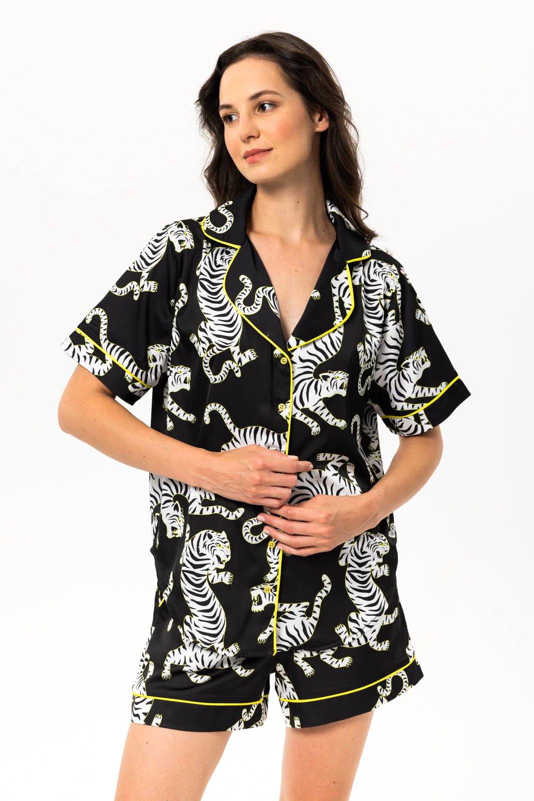 Asena - Fierce Tiger Print Black Satin Pajama Set - NOWIHT - Pajamas