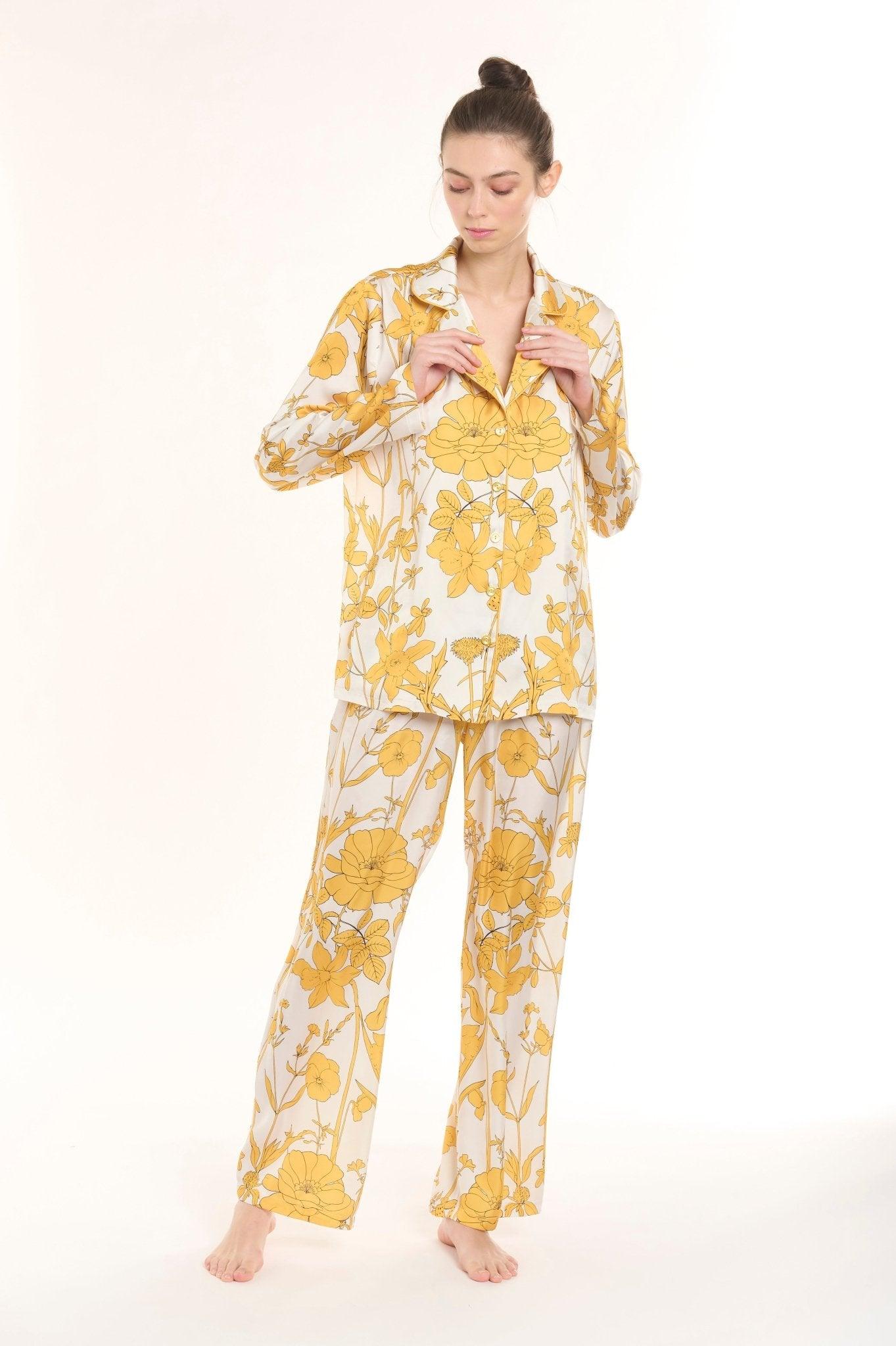 Aurelia - Elegant Cream Floral Satin Pajama Set - NOWIHT - Pajama Set